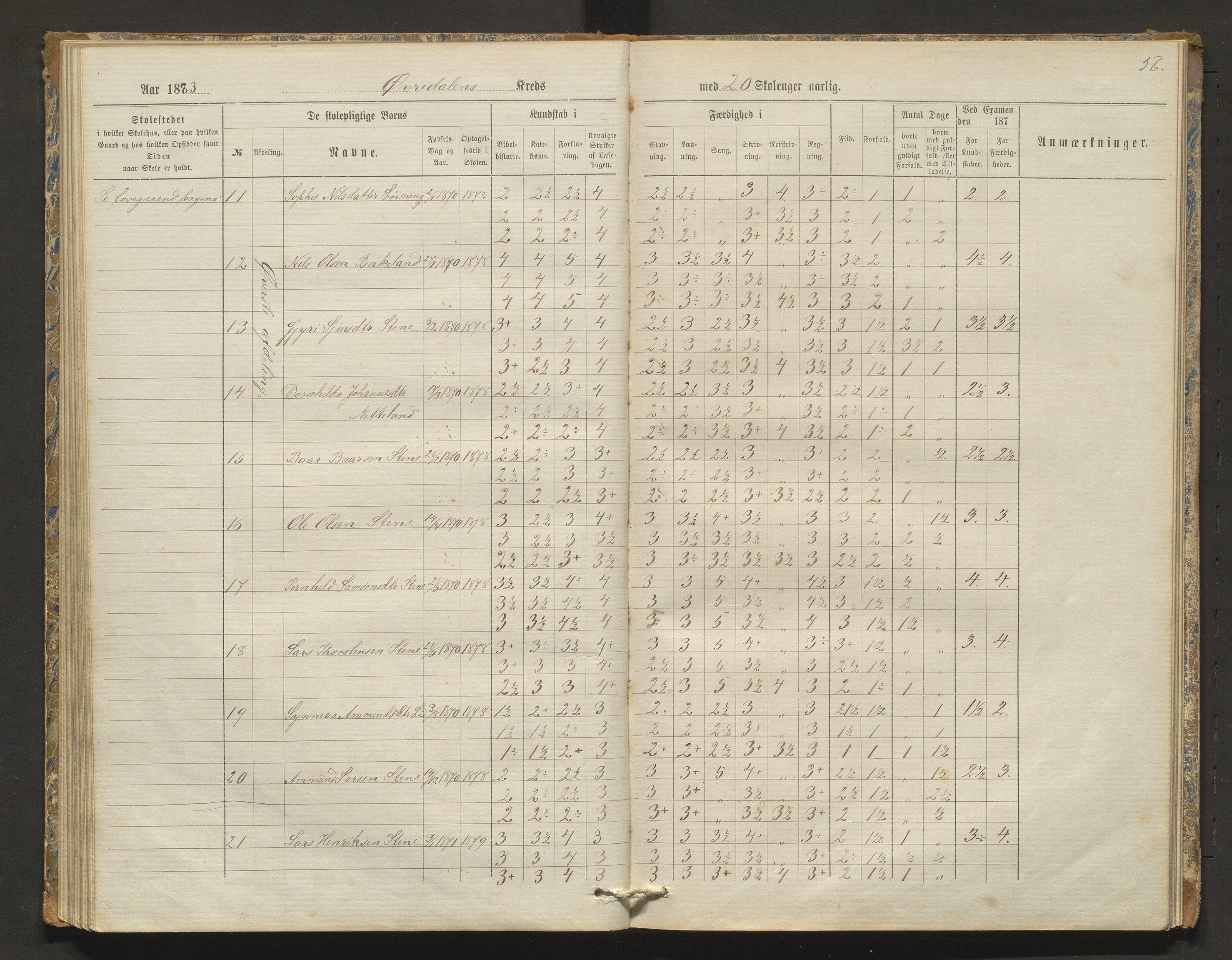 Kvam herad. Barneskulane, IKAH/1238-231/F/Fa/L0003: Skuleprotokoll for Øvredalen og Vikøy krinsar, 1877-1889, p. 56