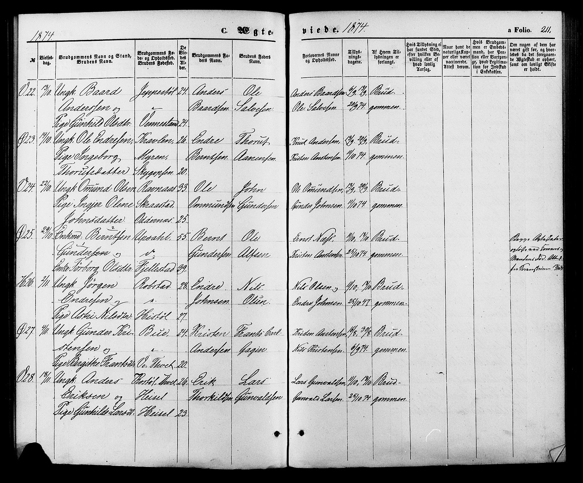 Vennesla sokneprestkontor, AV/SAK-1111-0045/Fa/Fac/L0008: Parish register (official) no. A 8, 1874-1883, p. 211