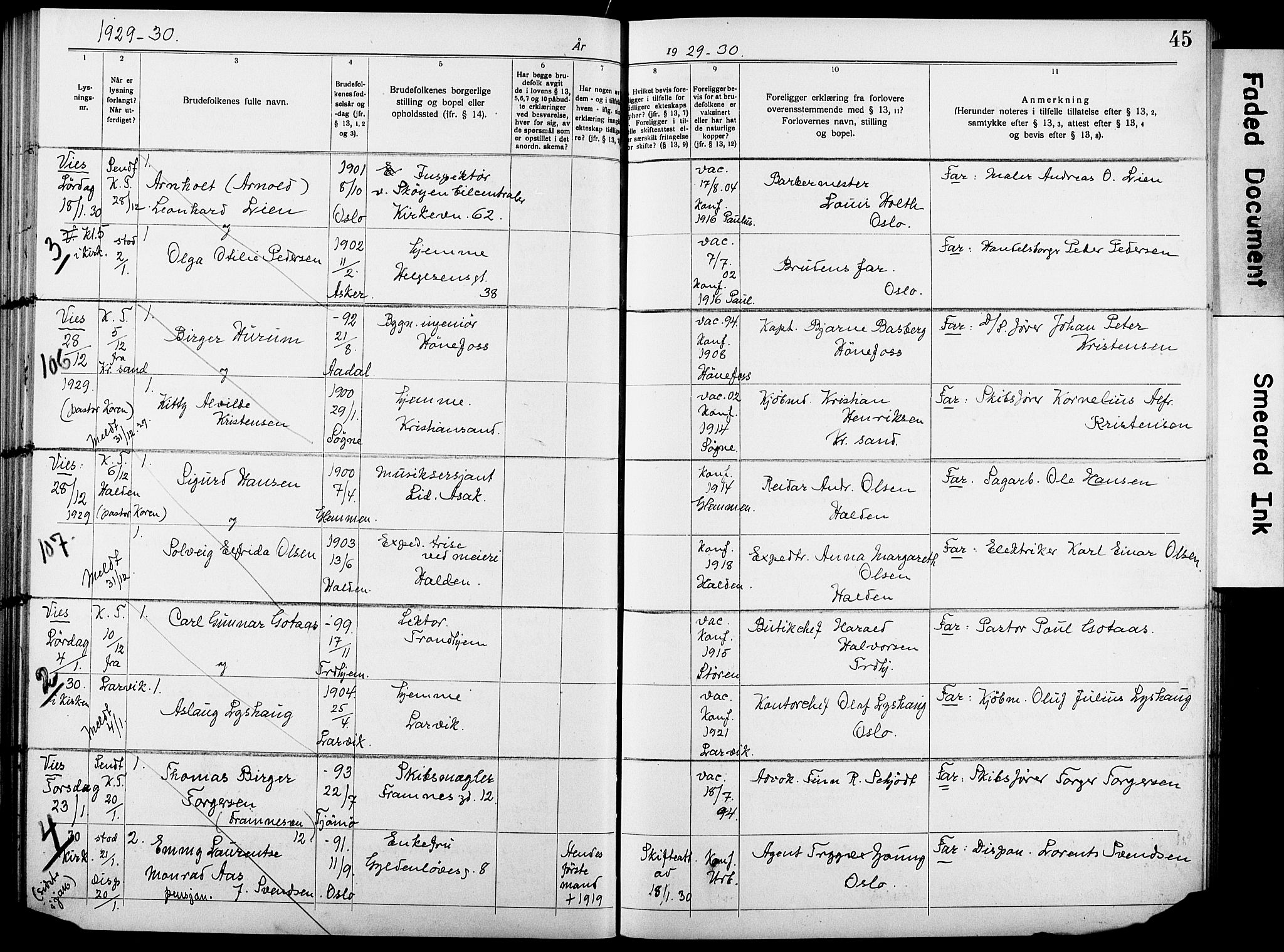 Garnisonsmenigheten Kirkebøker, AV/SAO-A-10846/H/Ha/L0010: Banns register no. I 10, 1922-1932, p. 45