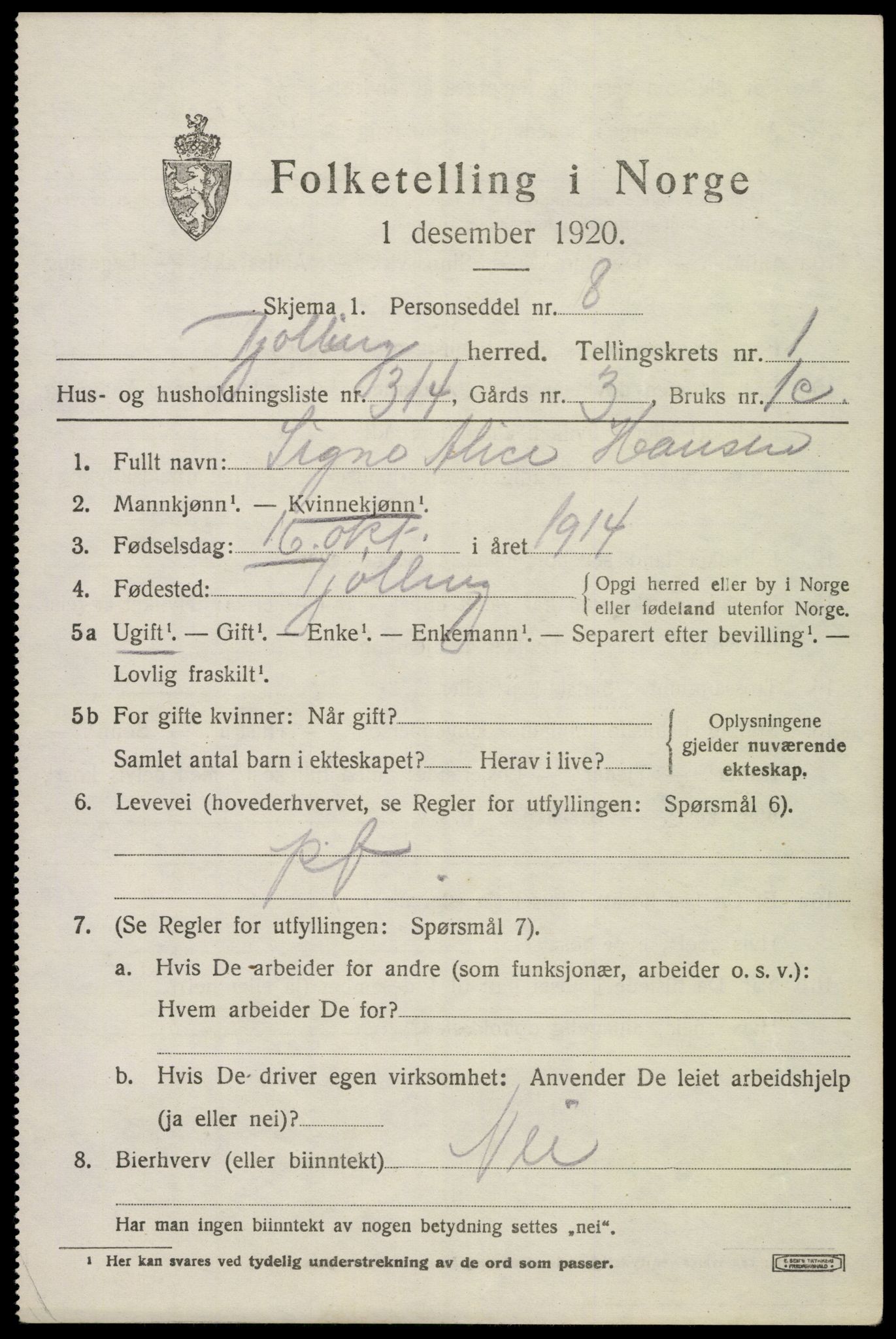 SAKO, 1920 census for Tjølling, 1920, p. 5151