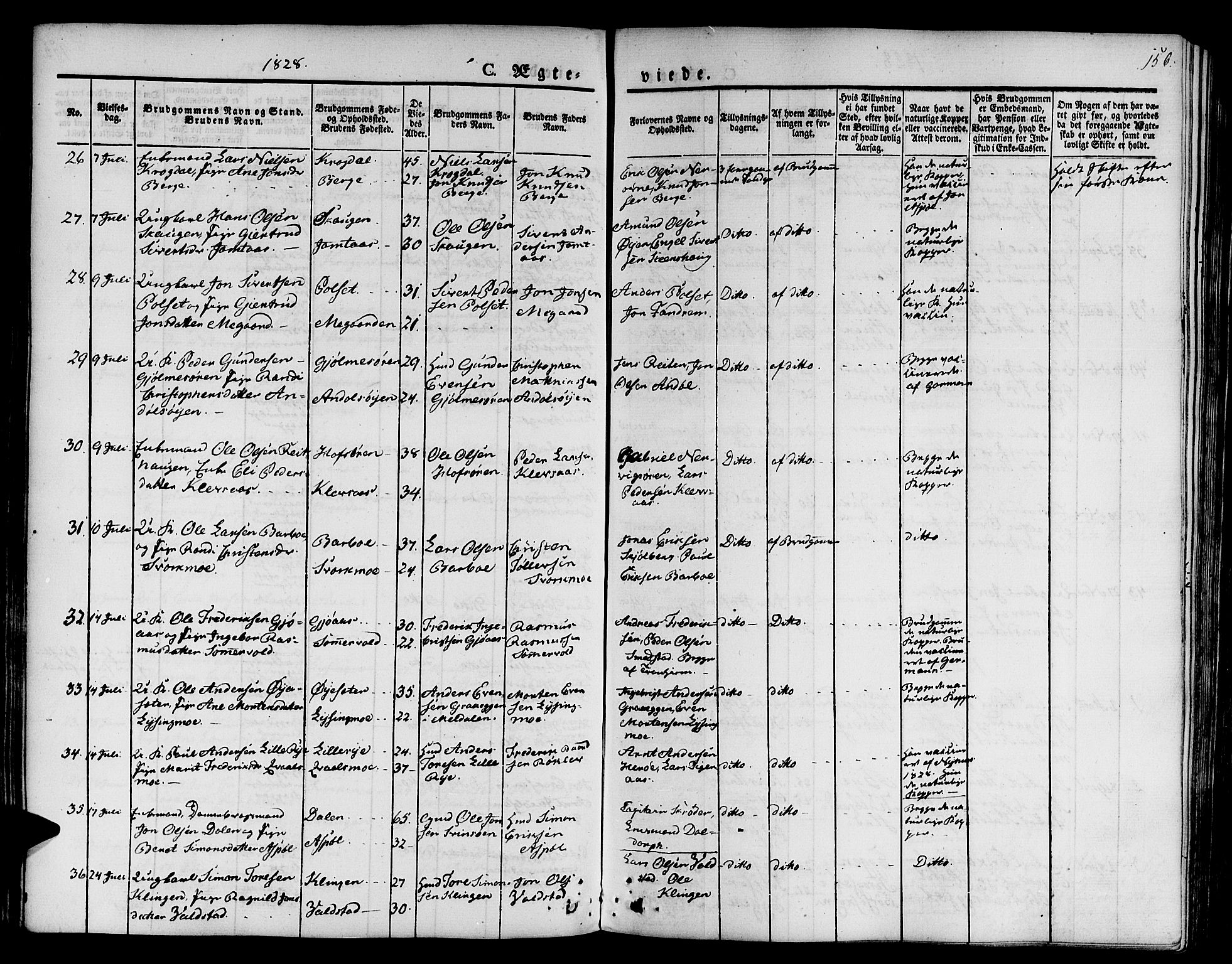 Ministerialprotokoller, klokkerbøker og fødselsregistre - Sør-Trøndelag, AV/SAT-A-1456/668/L0804: Parish register (official) no. 668A04, 1826-1839, p. 156