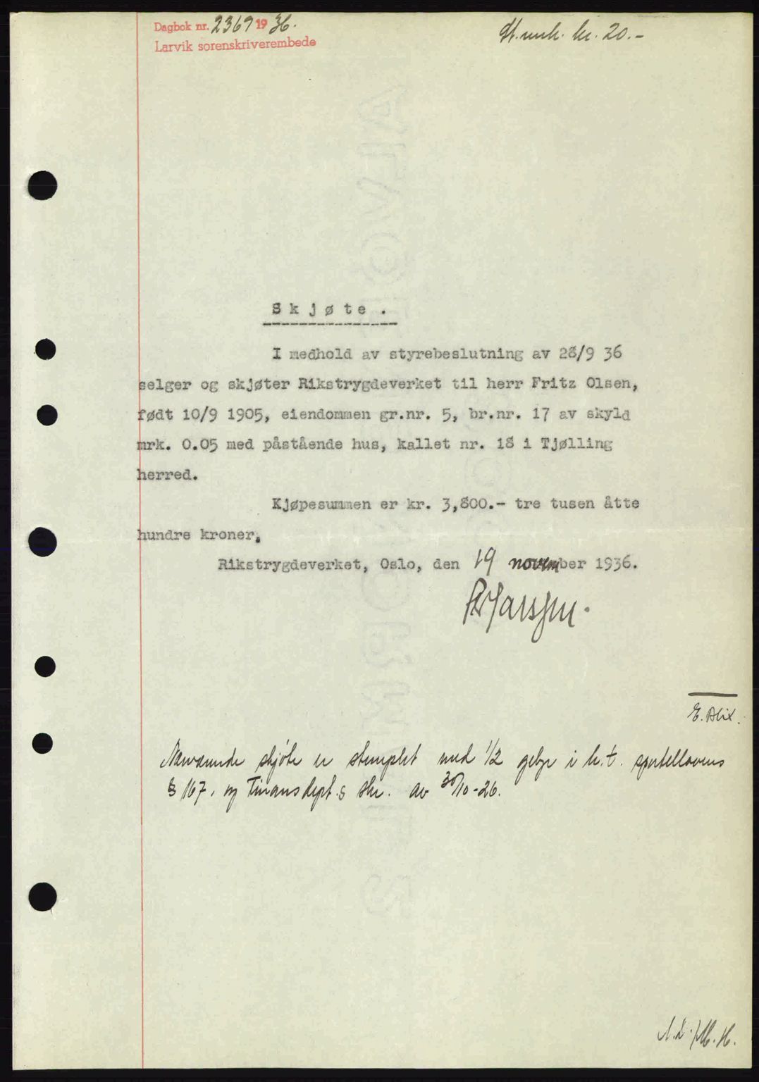 Larvik sorenskriveri, SAKO/A-83/G/Ga/Gab/L0067: Mortgage book no. A-1, 1936-1937, Diary no: : 2369/1936