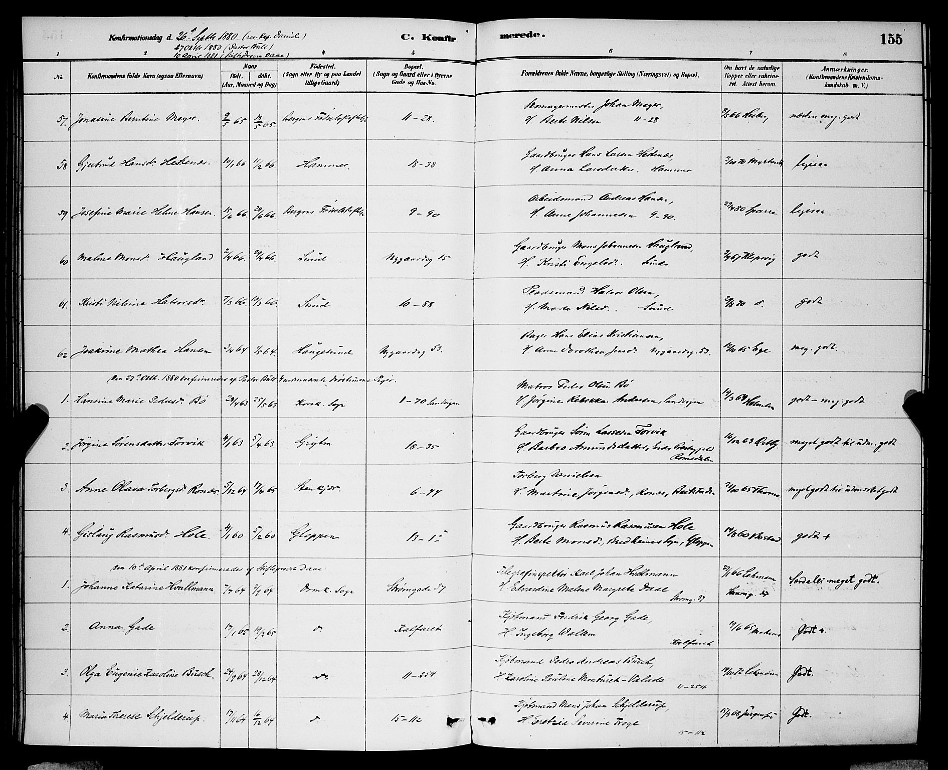 Domkirken sokneprestembete, SAB/A-74801/H/Hab/L0024: Parish register (copy) no. C 4, 1880-1899, p. 155