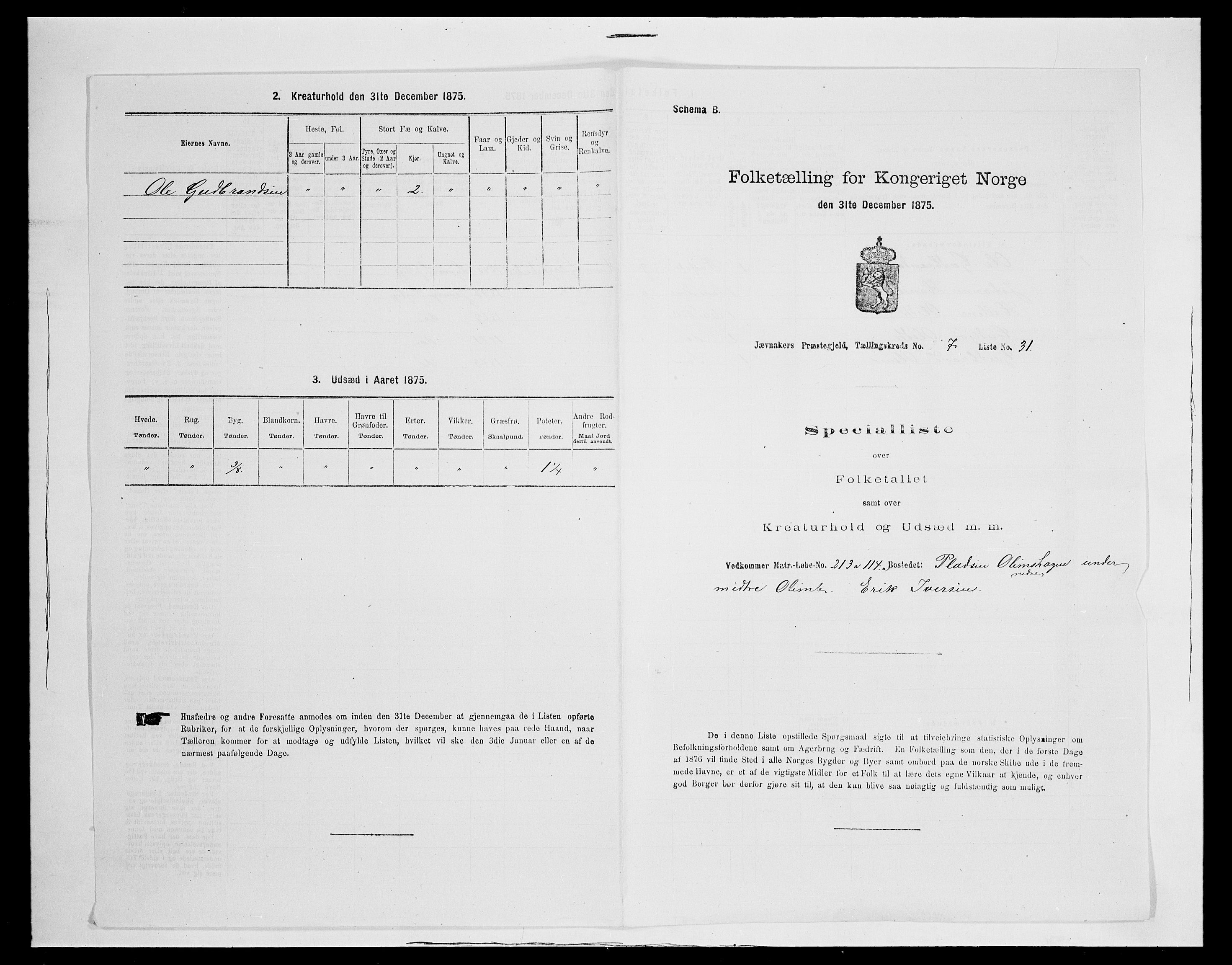 SAH, 1875 census for 0532P Jevnaker, 1875, p. 1218
