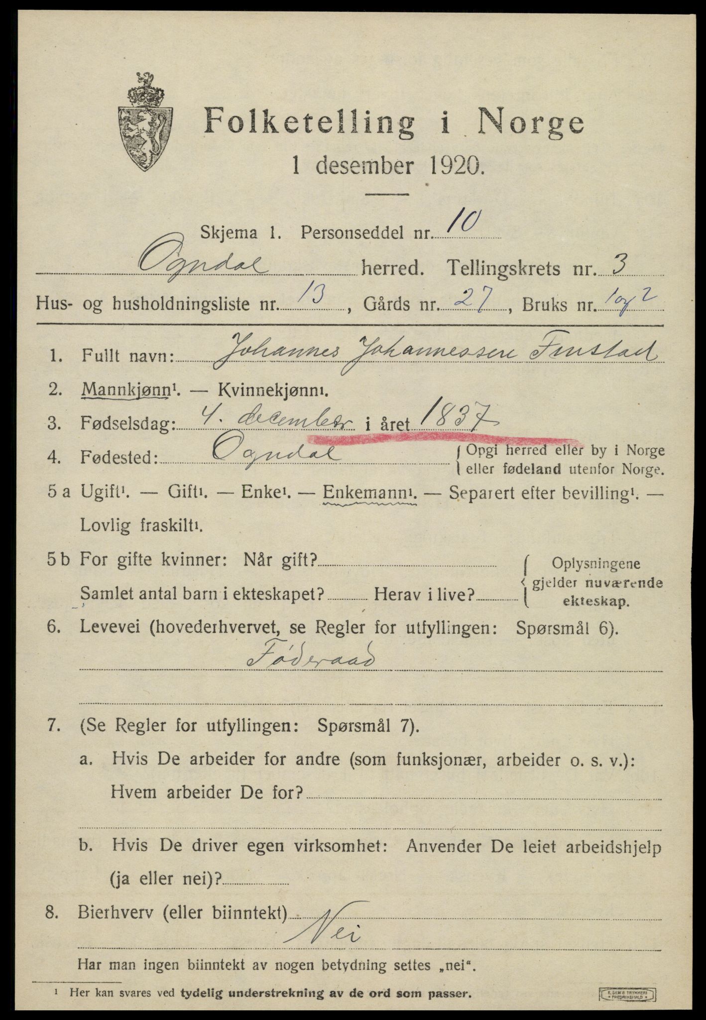 SAT, 1920 census for Ogndal, 1920, p. 1353