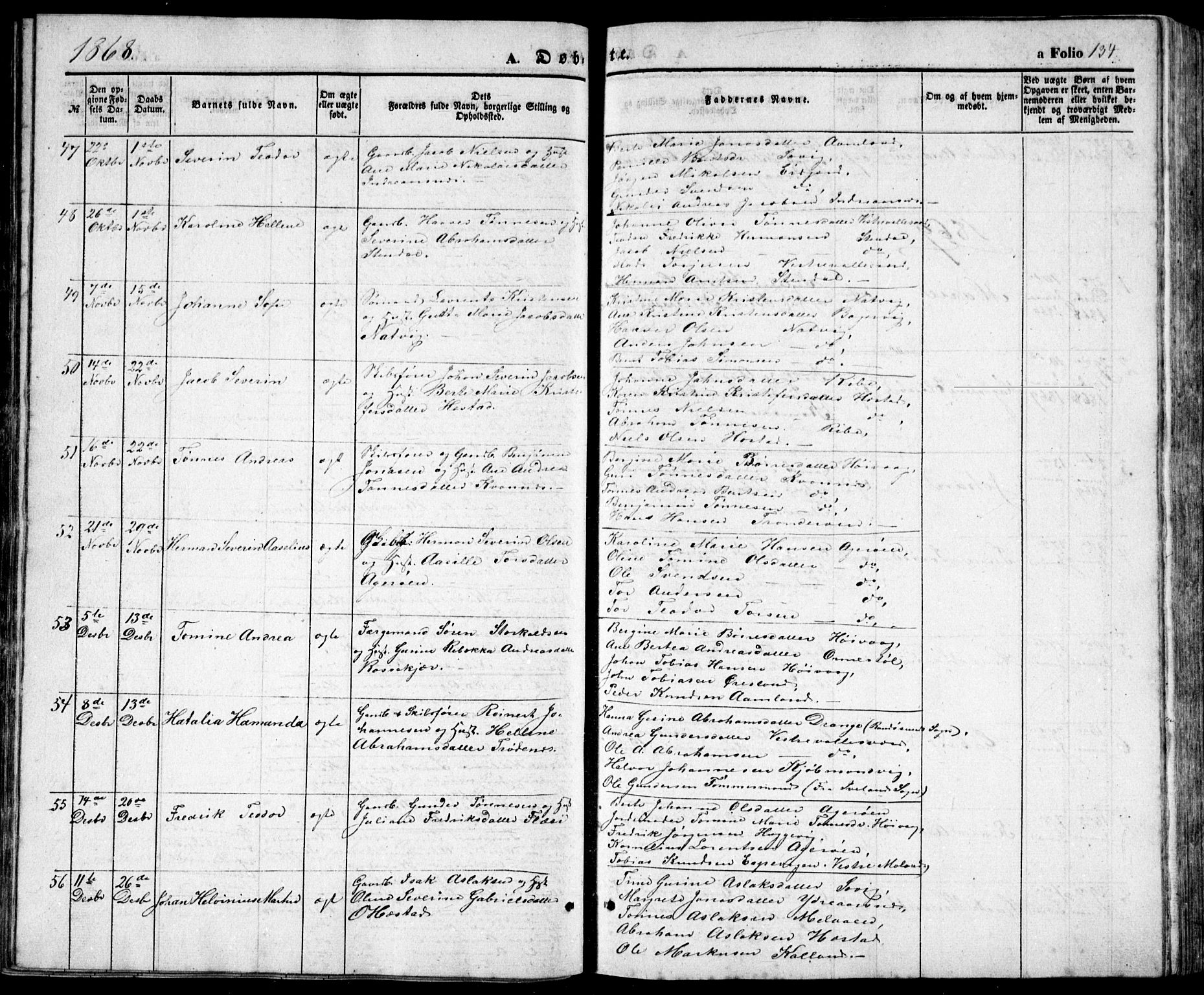 Høvåg sokneprestkontor, SAK/1111-0025/F/Fb/L0002: Parish register (copy) no. B 2, 1847-1869, p. 134