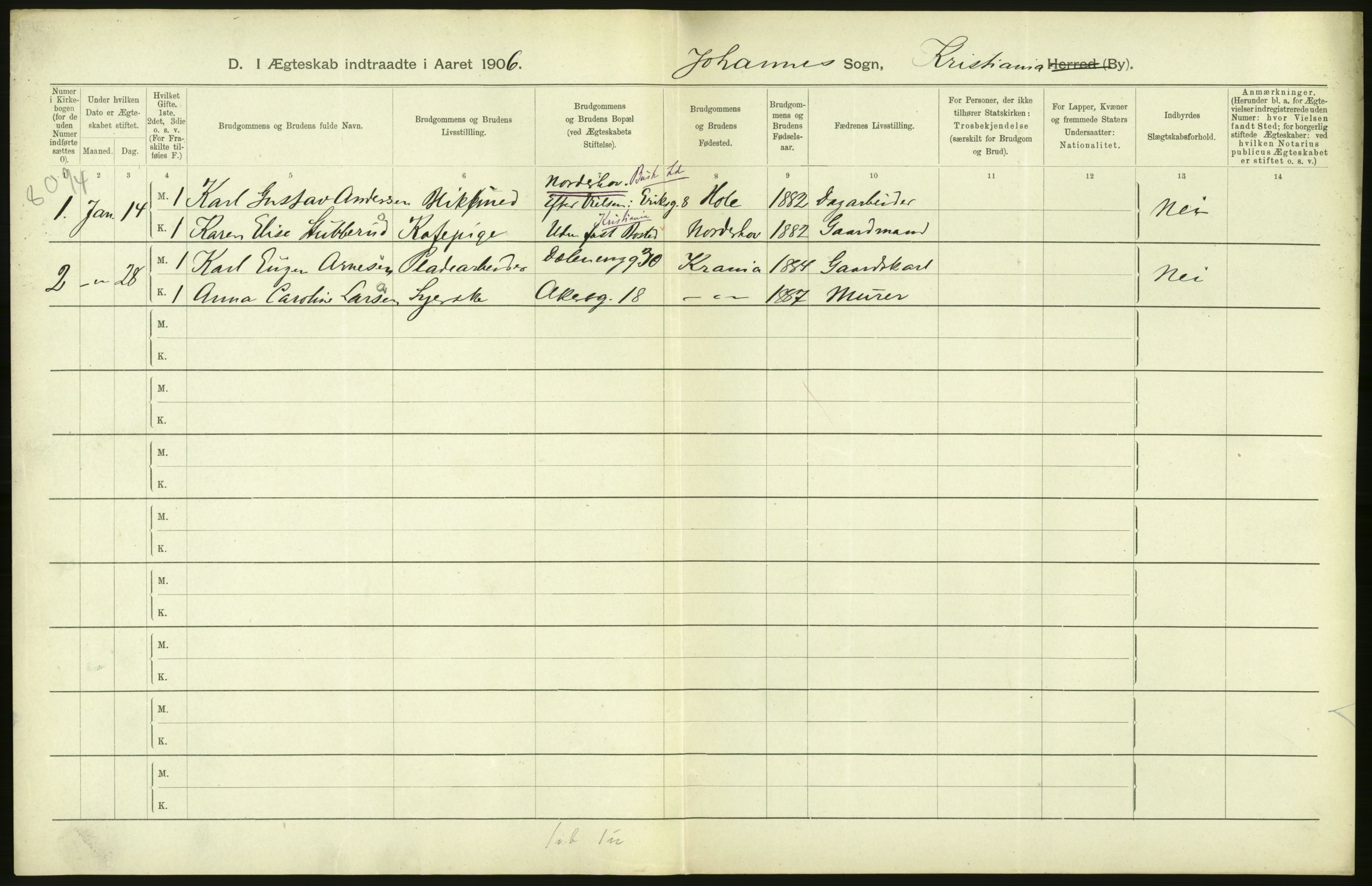 Statistisk sentralbyrå, Sosiodemografiske emner, Befolkning, AV/RA-S-2228/D/Df/Dfa/Dfad/L0008: Kristiania: Gifte, 1906, p. 354