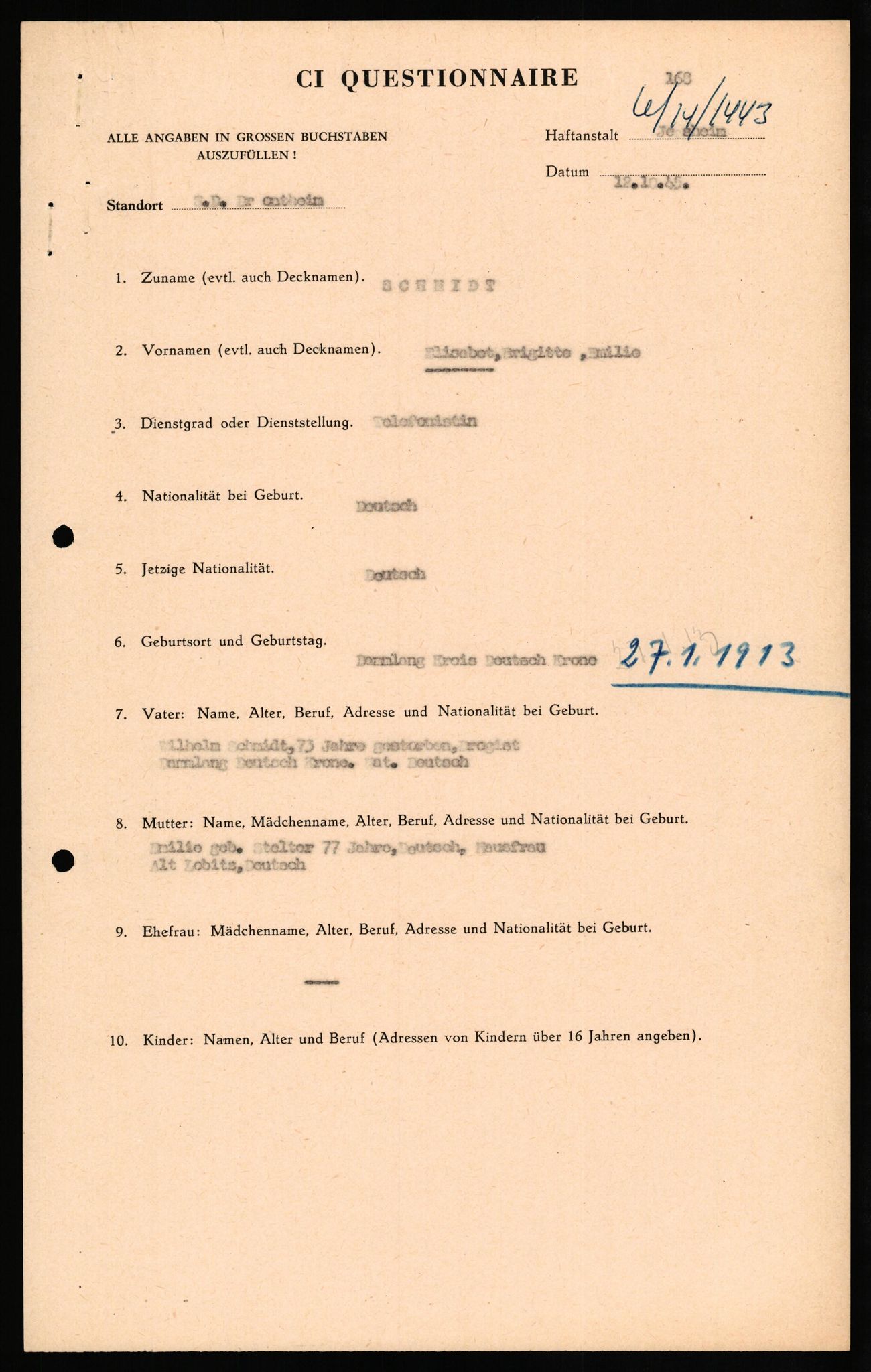 Forsvaret, Forsvarets overkommando II, RA/RAFA-3915/D/Db/L0029: CI Questionaires. Tyske okkupasjonsstyrker i Norge. Tyskere., 1945-1946, p. 375