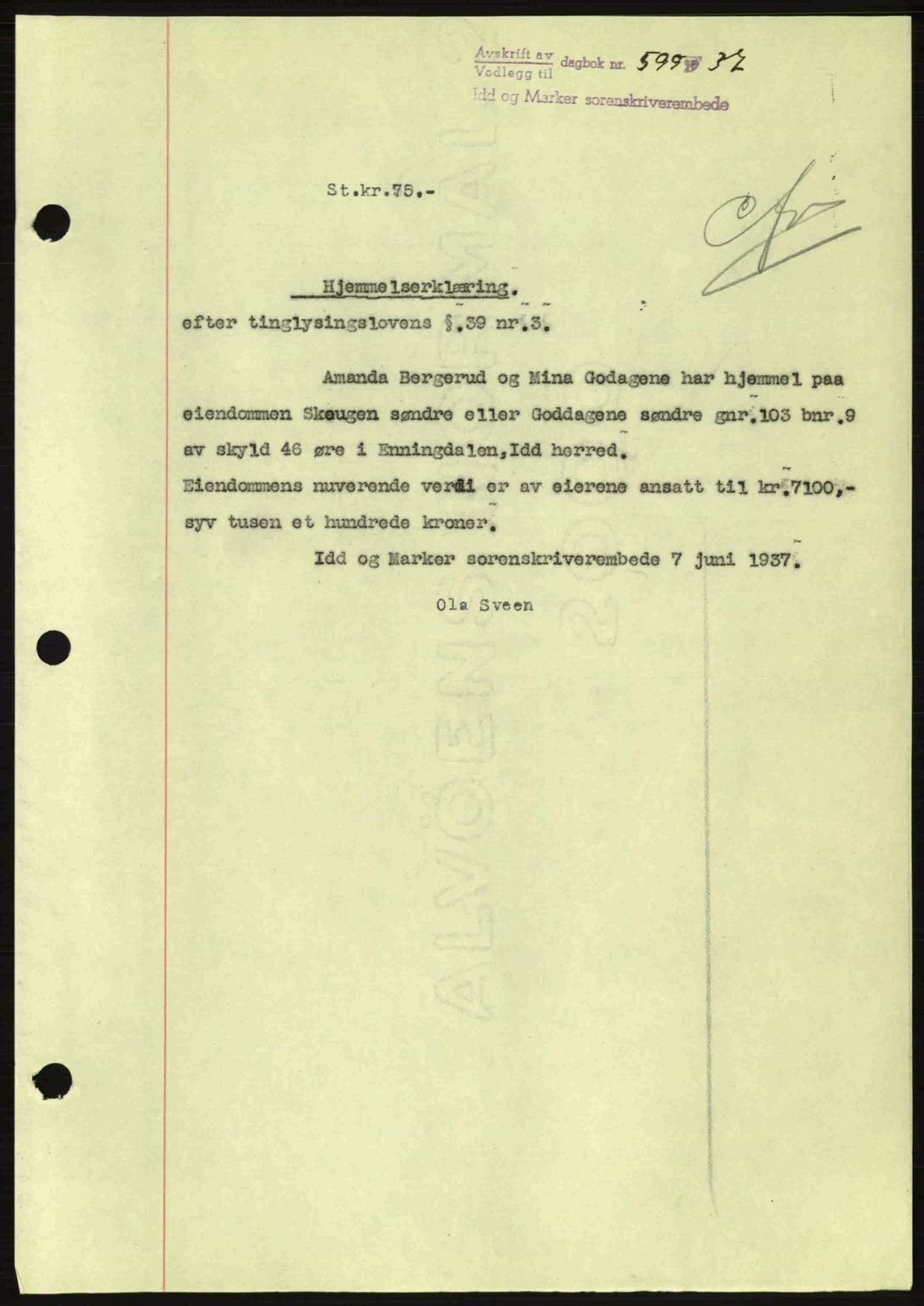 Idd og Marker sorenskriveri, AV/SAO-A-10283/G/Gb/Gbb/L0002: Mortgage book no. A2, 1937-1938, Diary no: : 599/1937