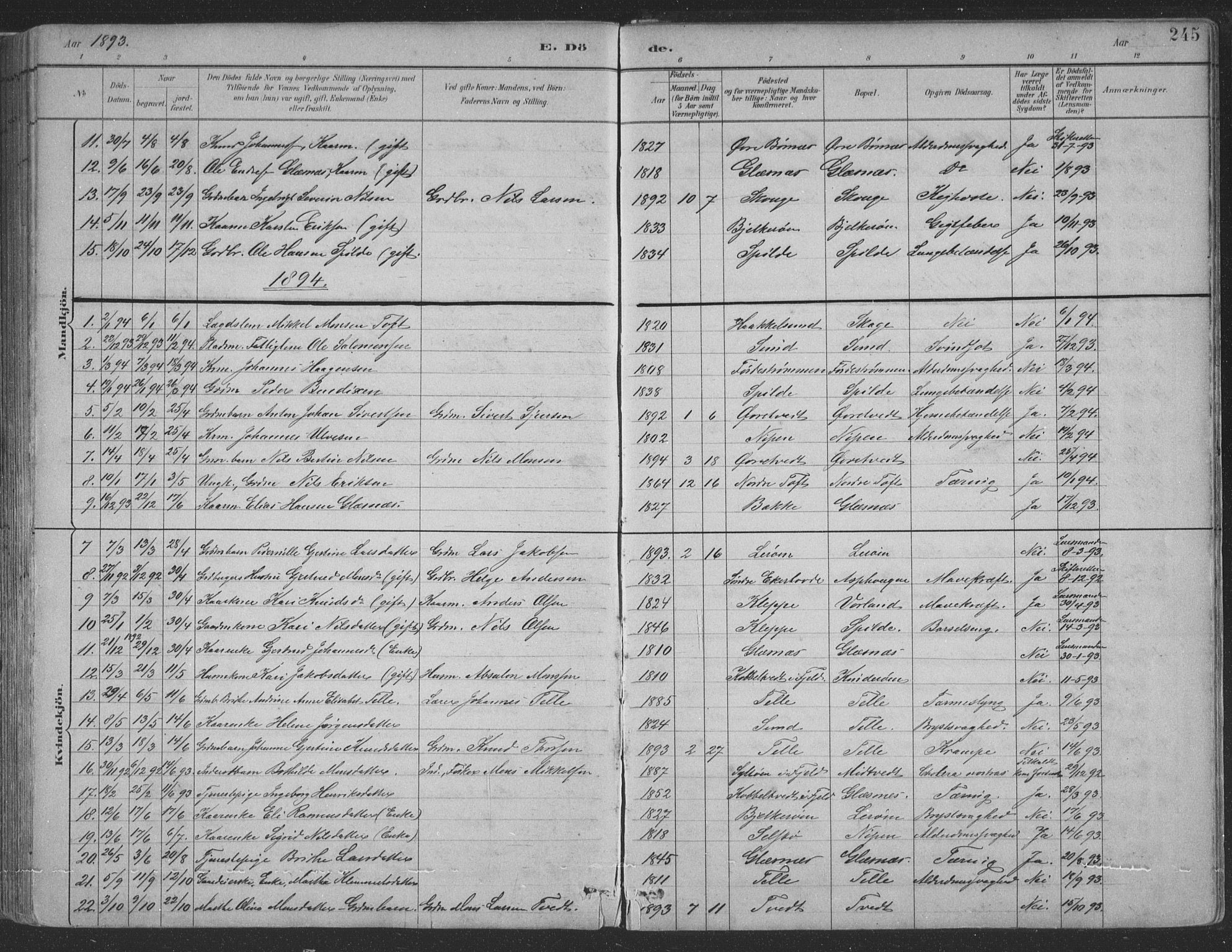 Sund sokneprestembete, SAB/A-99930: Parish register (copy) no. B 3, 1882-1911, p. 245