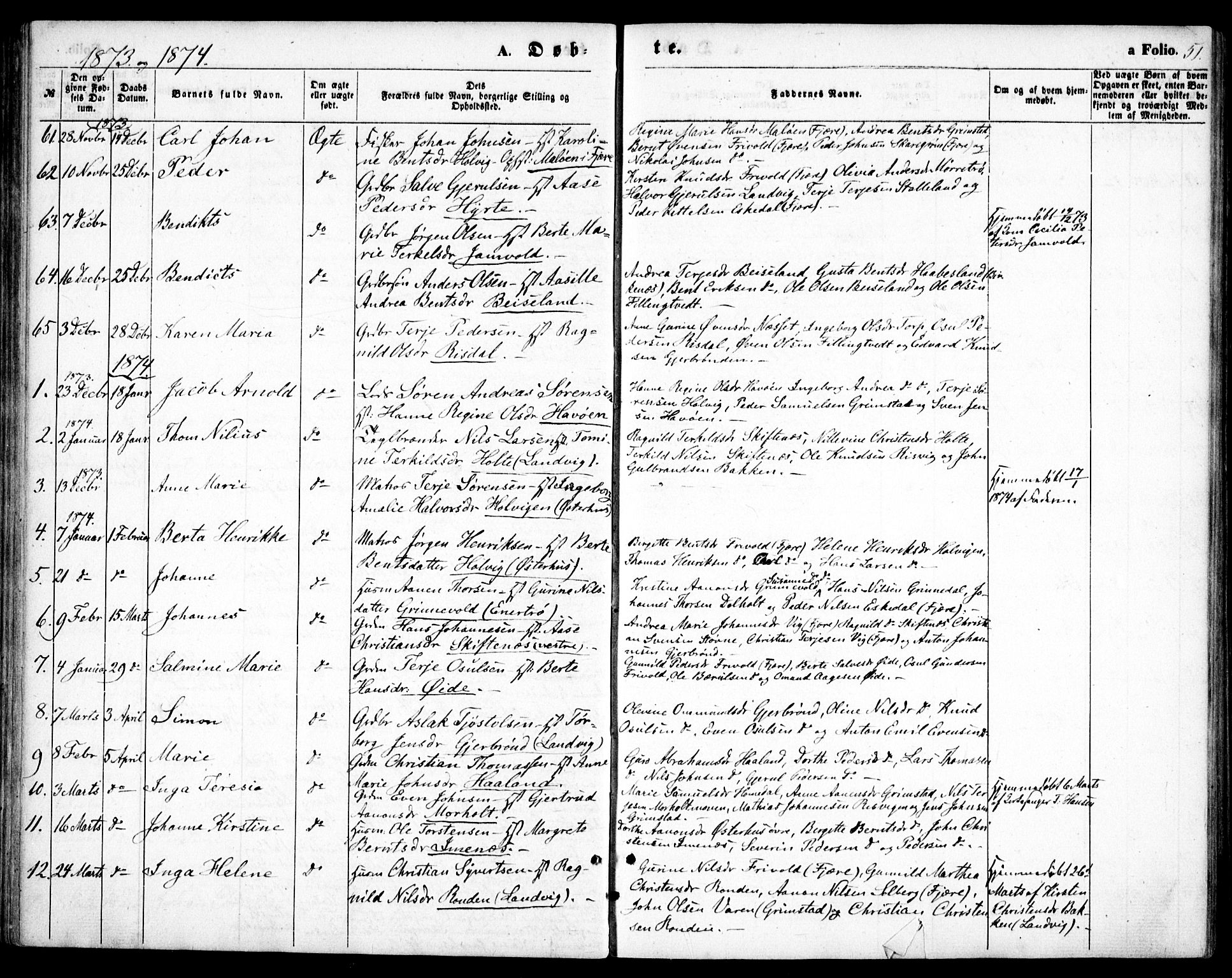 Hommedal sokneprestkontor, AV/SAK-1111-0023/F/Fa/Fab/L0005: Parish register (official) no. A 5, 1861-1877, p. 51