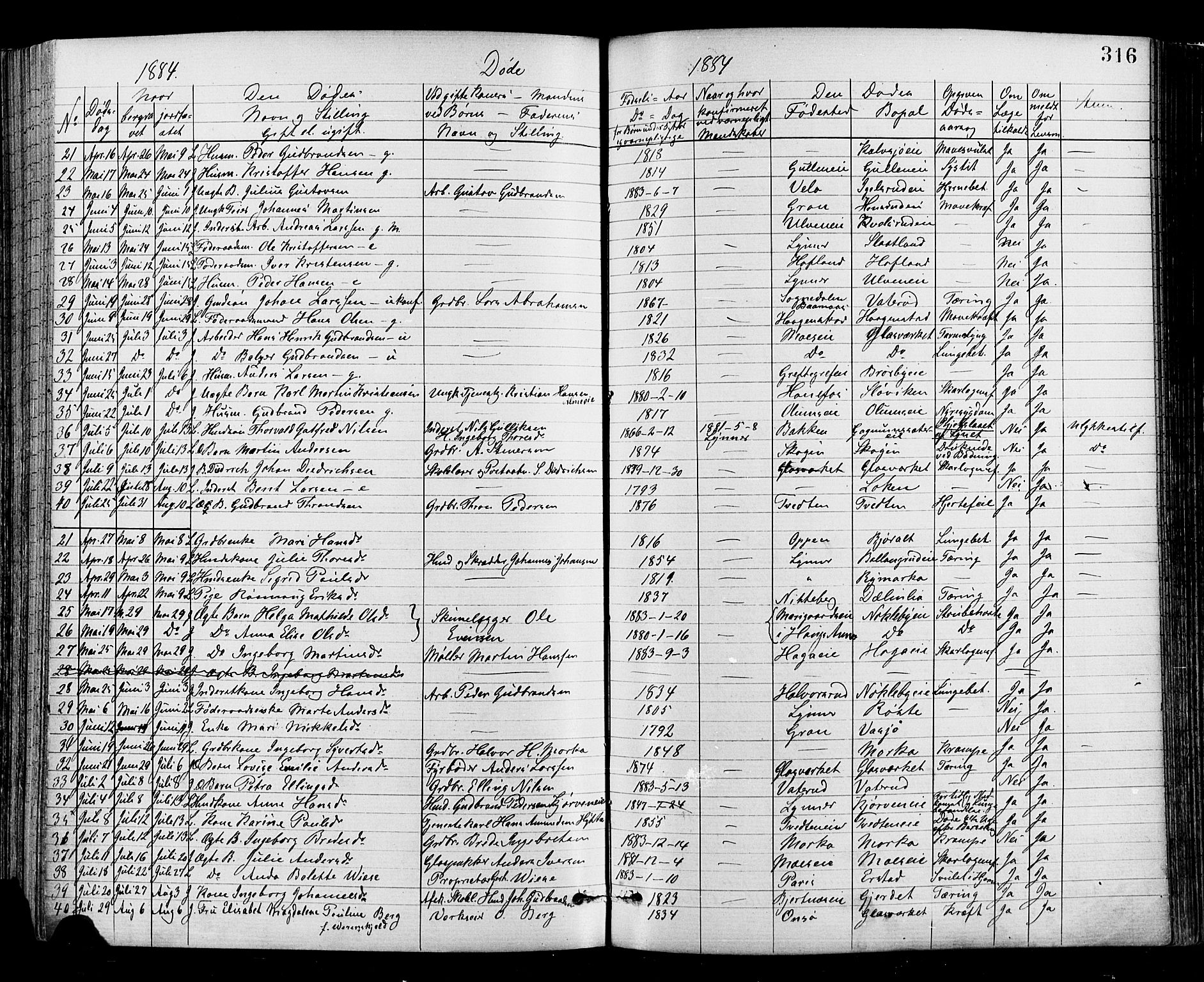 Jevnaker prestekontor, SAH/PREST-116/H/Ha/Haa/L0008: Parish register (official) no. 8, 1877-1890, p. 316