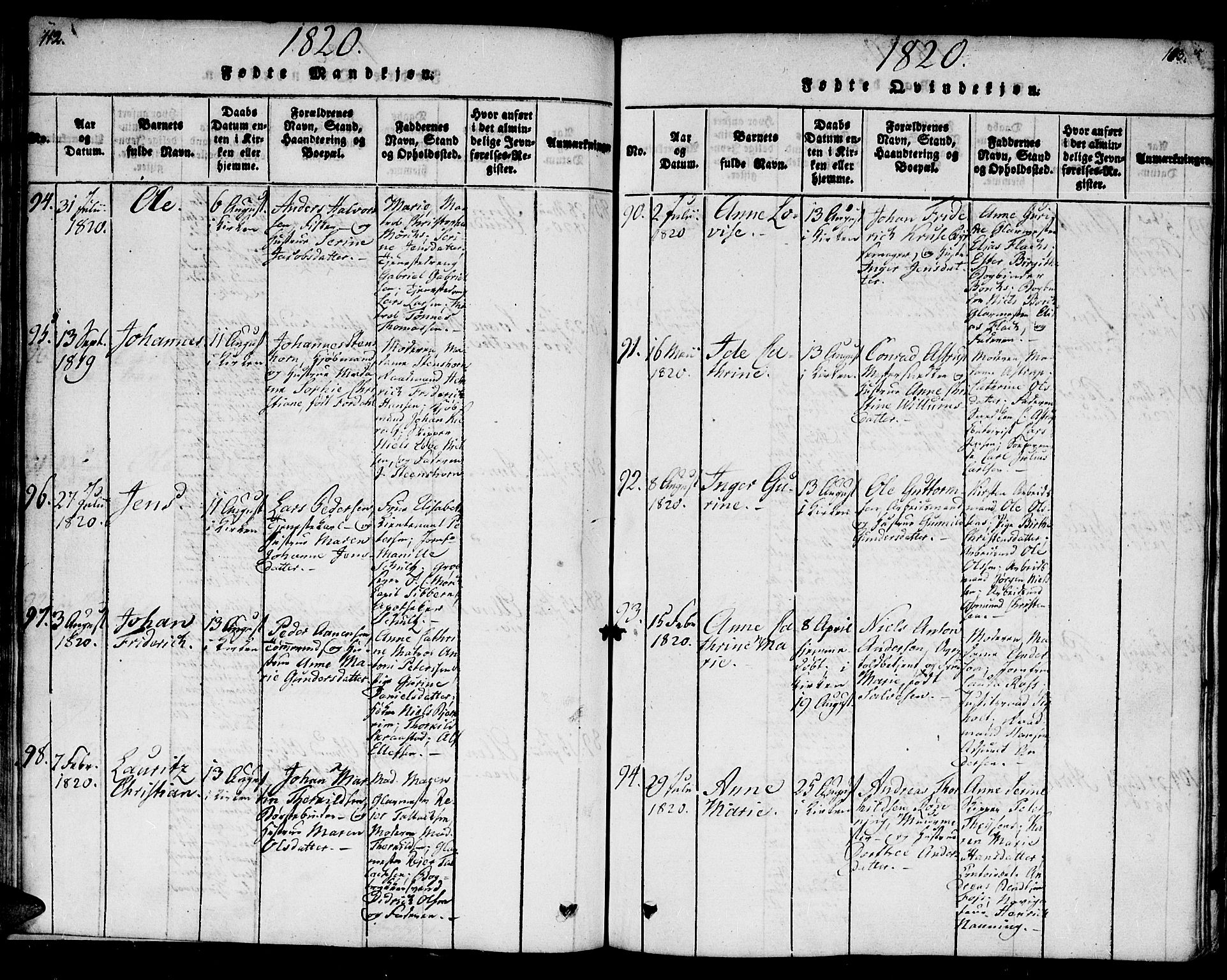 Kristiansand domprosti, SAK/1112-0006/F/Fb/L0001: Parish register (copy) no. B 1, 1818-1821, p. 112-113