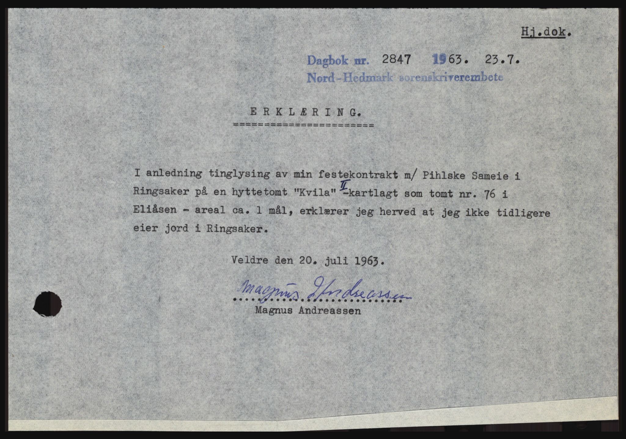 Nord-Hedmark sorenskriveri, SAH/TING-012/H/Hc/L0018: Mortgage book no. 18, 1963-1963, Diary no: : 2847/1963