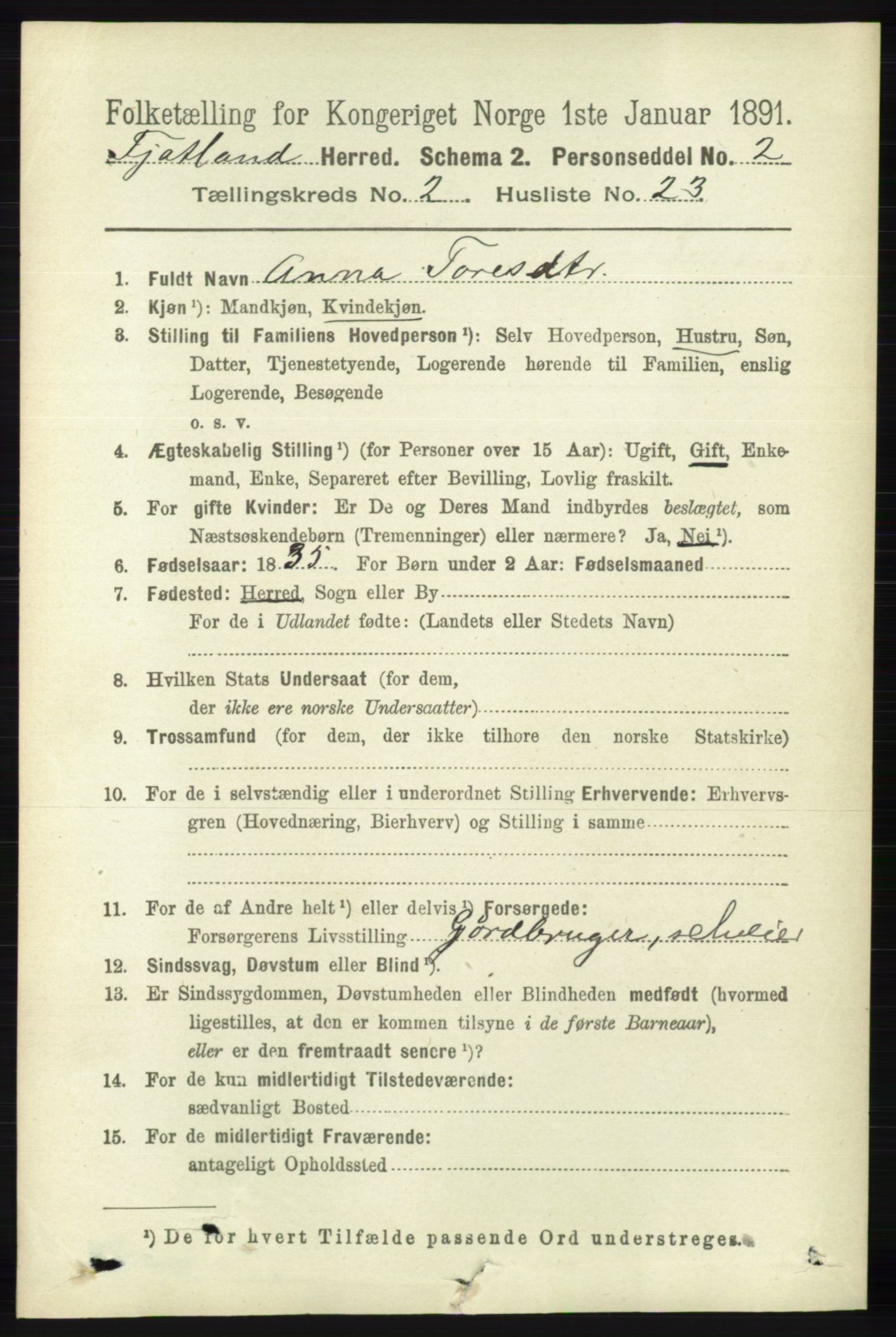 RA, 1891 census for 1036 Fjotland, 1891, p. 369