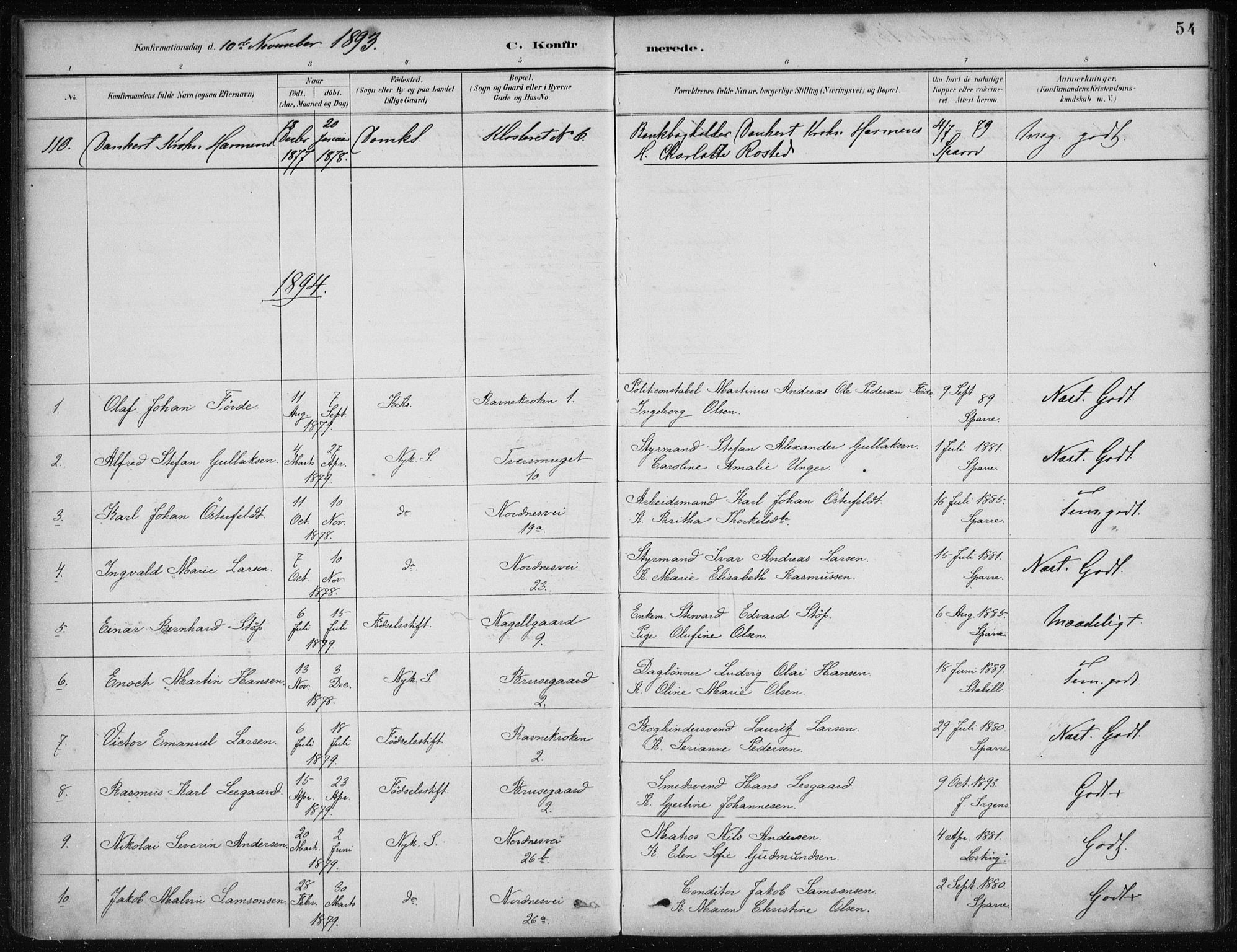 Nykirken Sokneprestembete, SAB/A-77101/H/Haa/L0027: Parish register (official) no. C 6, 1886-1913, p. 54