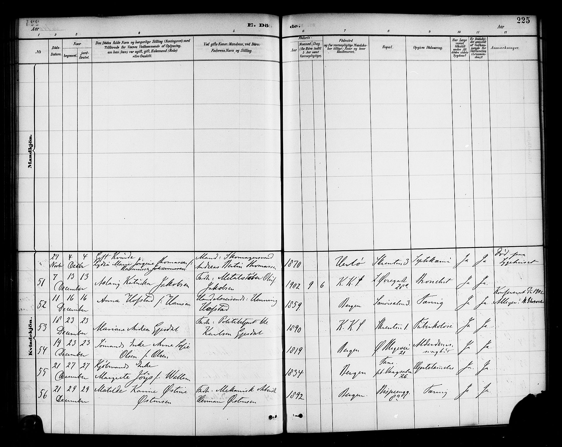 Korskirken sokneprestembete, AV/SAB-A-76101/H/Haa/L0047: Parish register (official) no. E 5, 1884-1910, p. 225