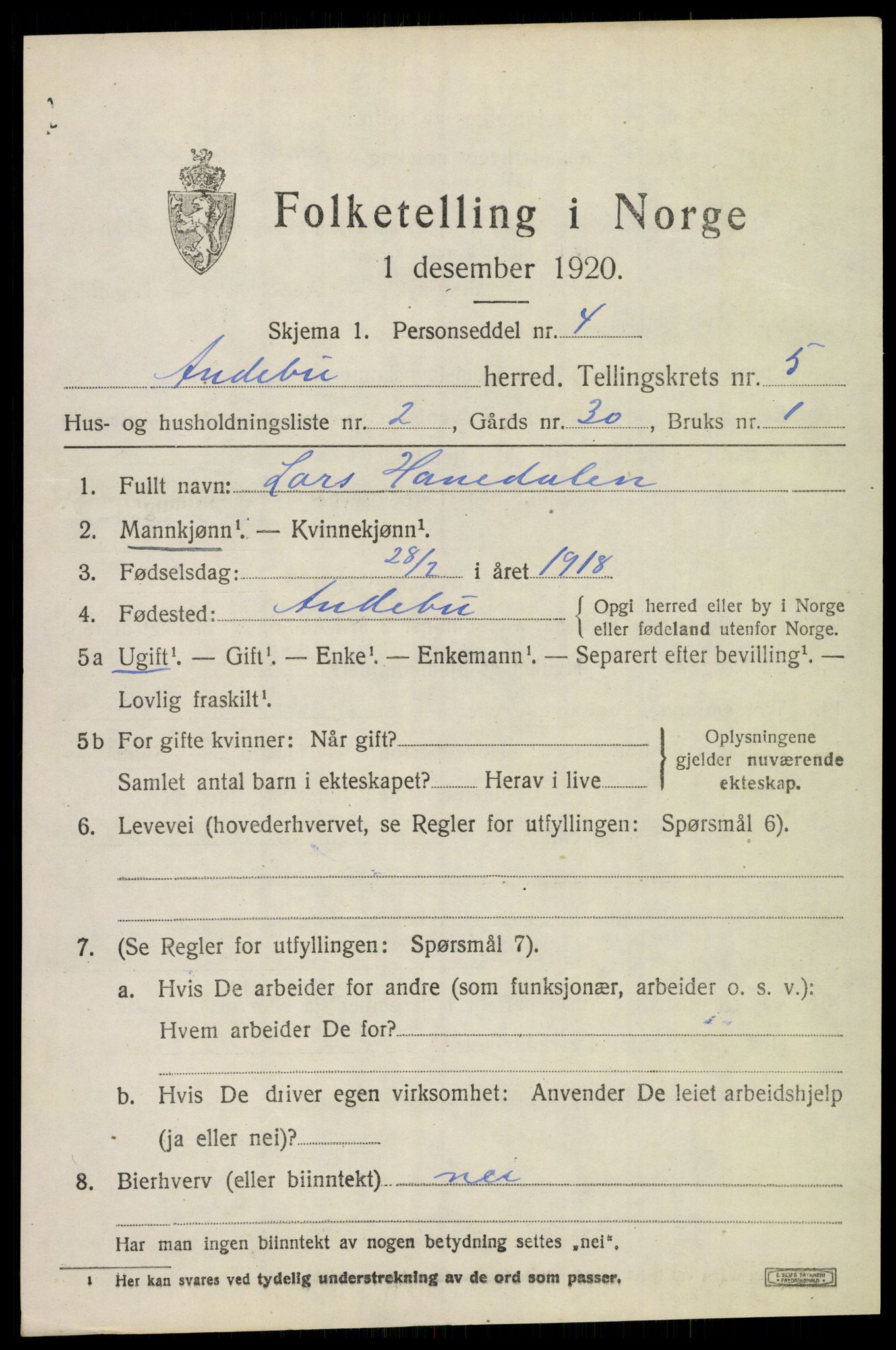 SAKO, 1920 census for Andebu, 1920, p. 2656