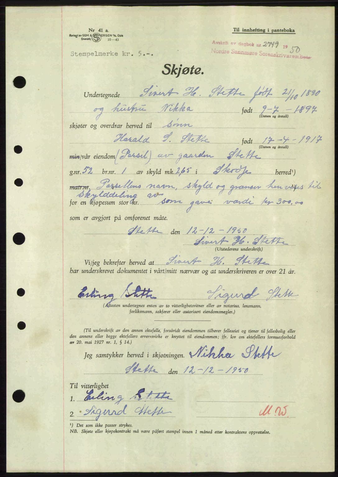 Nordre Sunnmøre sorenskriveri, AV/SAT-A-0006/1/2/2C/2Ca: Mortgage book no. A36, 1950-1950, Diary no: : 2749/1950