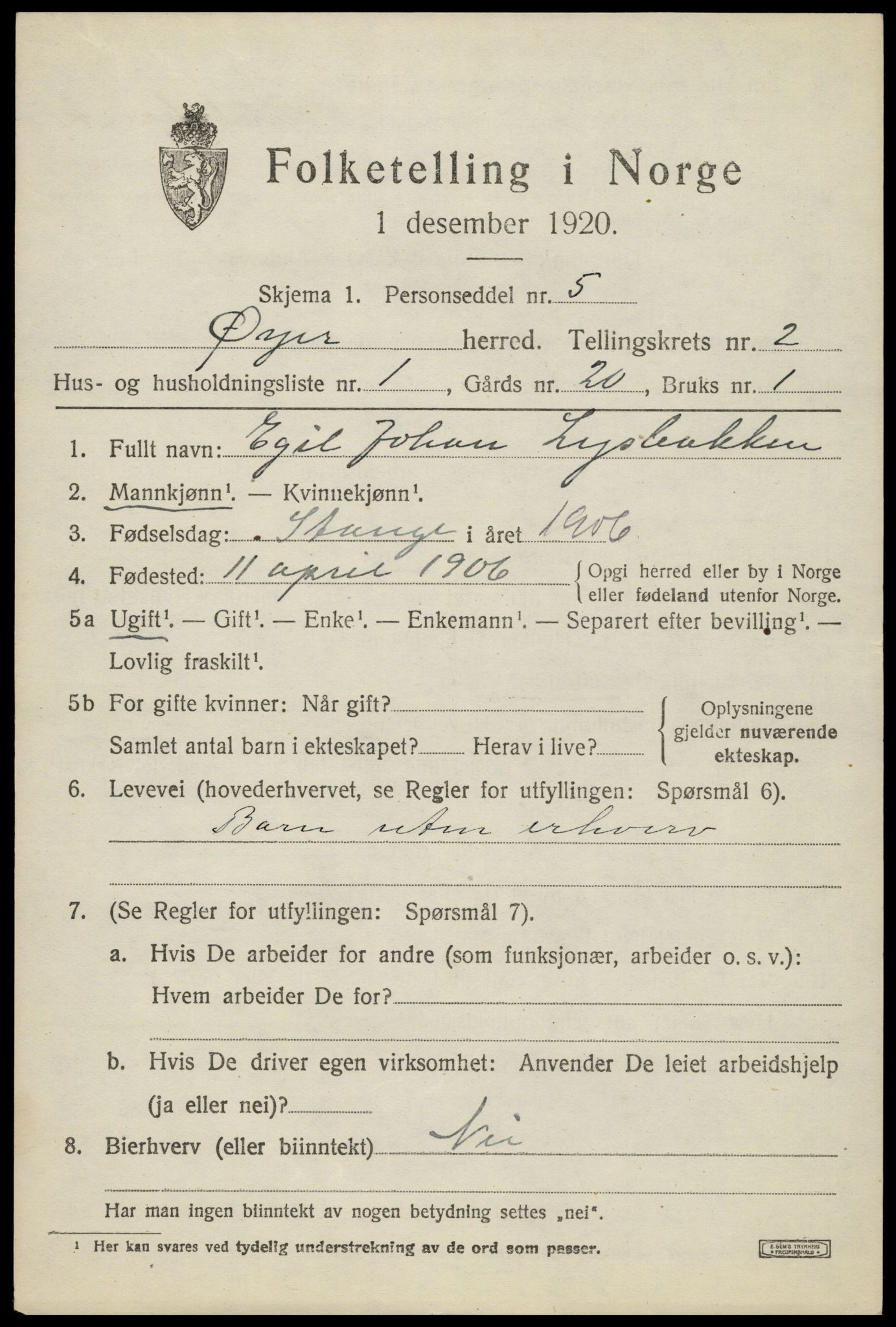 SAH, 1920 census for Øyer, 1920, p. 2137