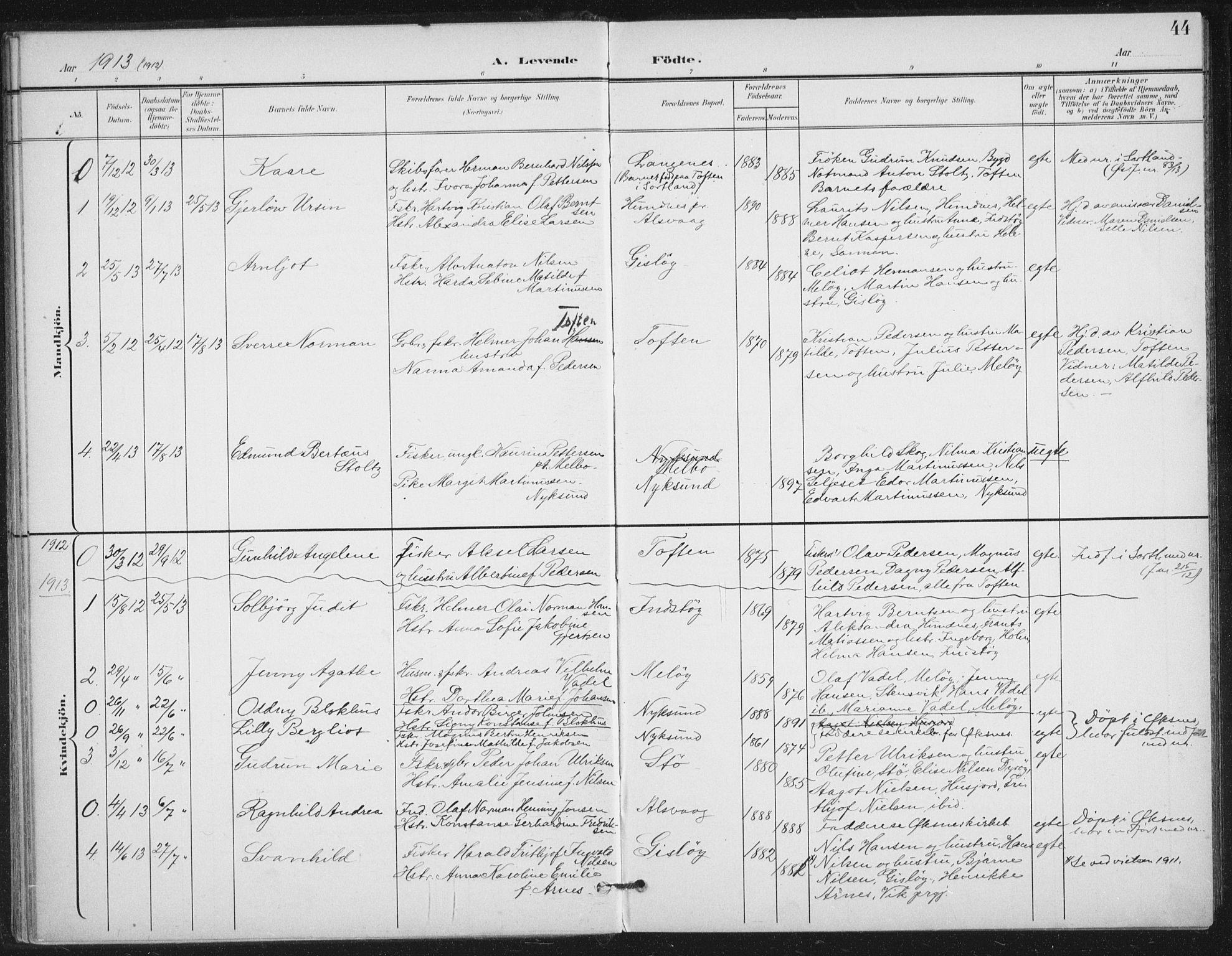 Ministerialprotokoller, klokkerbøker og fødselsregistre - Nordland, AV/SAT-A-1459/894/L1356: Parish register (official) no. 894A02, 1897-1914, p. 44