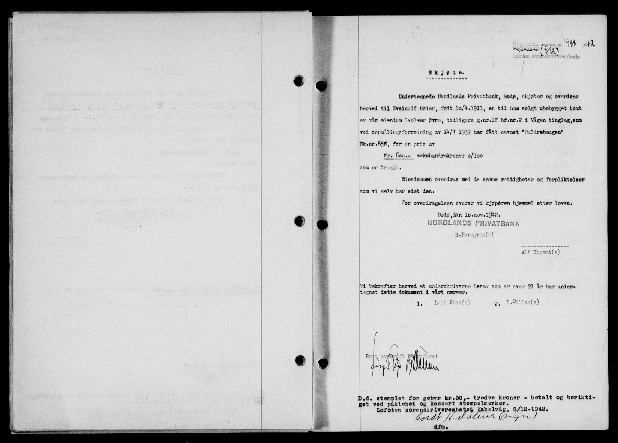 Lofoten sorenskriveri, SAT/A-0017/1/2/2C/L0010a: Mortgage book no. 10a, 1942-1943, Diary no: : 1988/1942