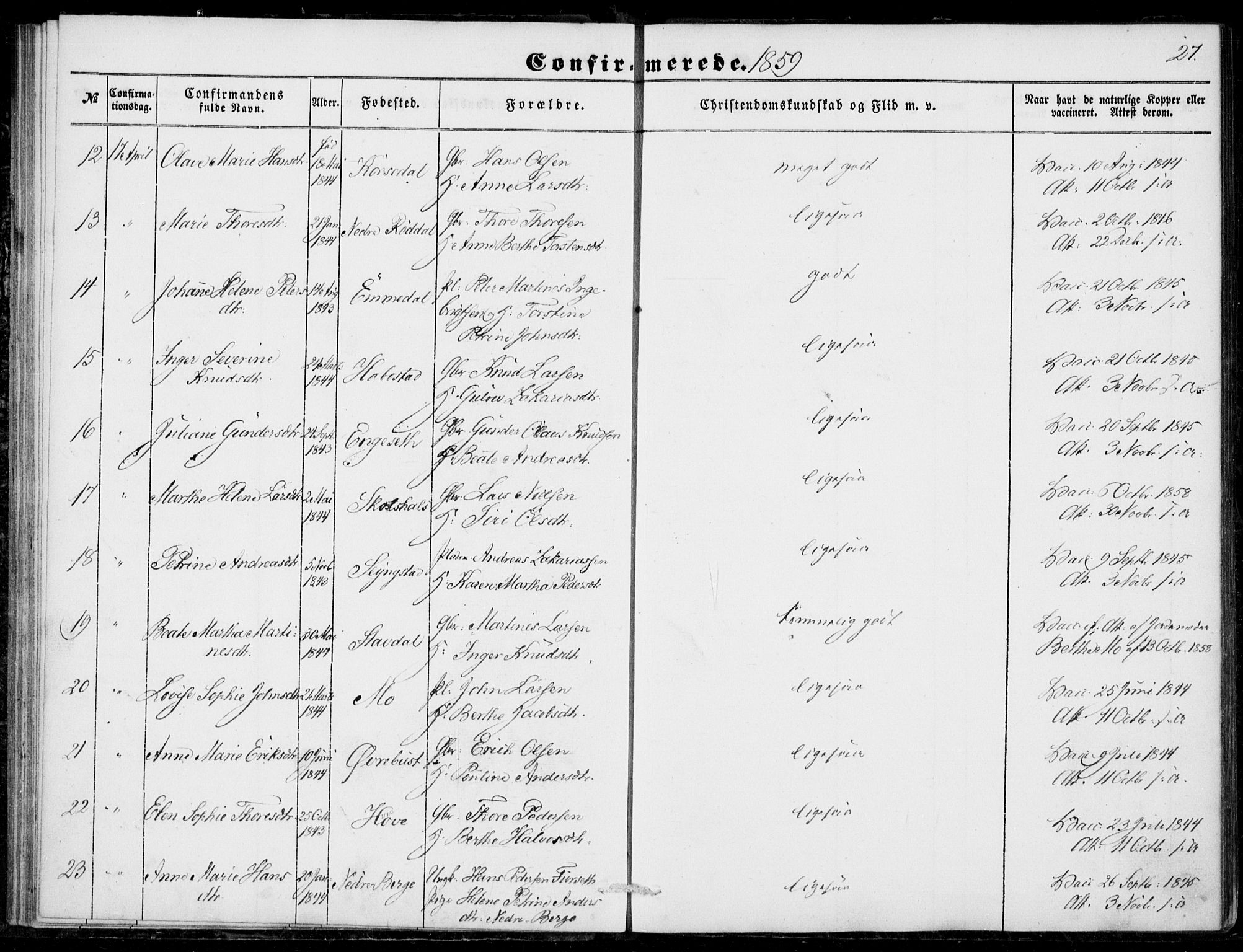 Ministerialprotokoller, klokkerbøker og fødselsregistre - Møre og Romsdal, AV/SAT-A-1454/520/L0281: Parish register (official) no. 520A10, 1851-1881, p. 27