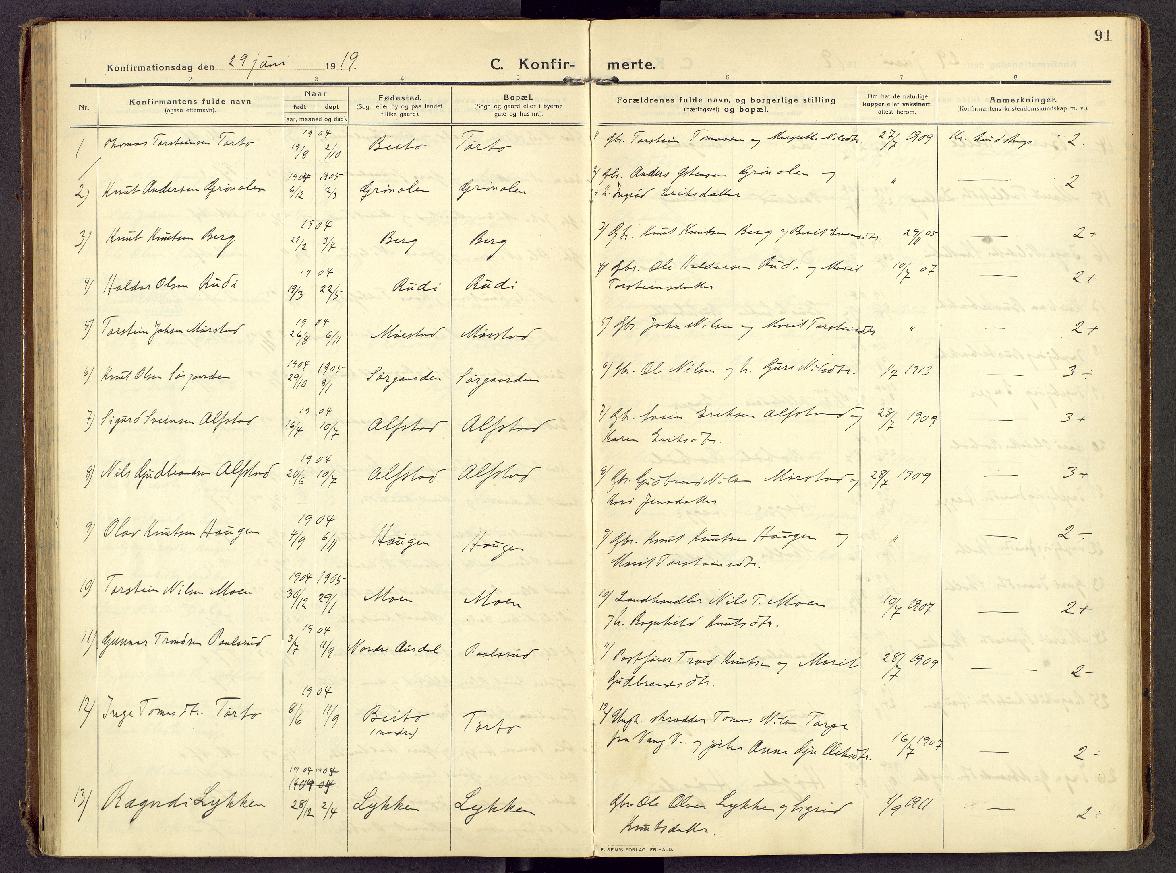 Øystre Slidre prestekontor, SAH/PREST-138/H/Ha/Haa/L0007: Parish register (official) no. 7, 1911-1931, p. 91