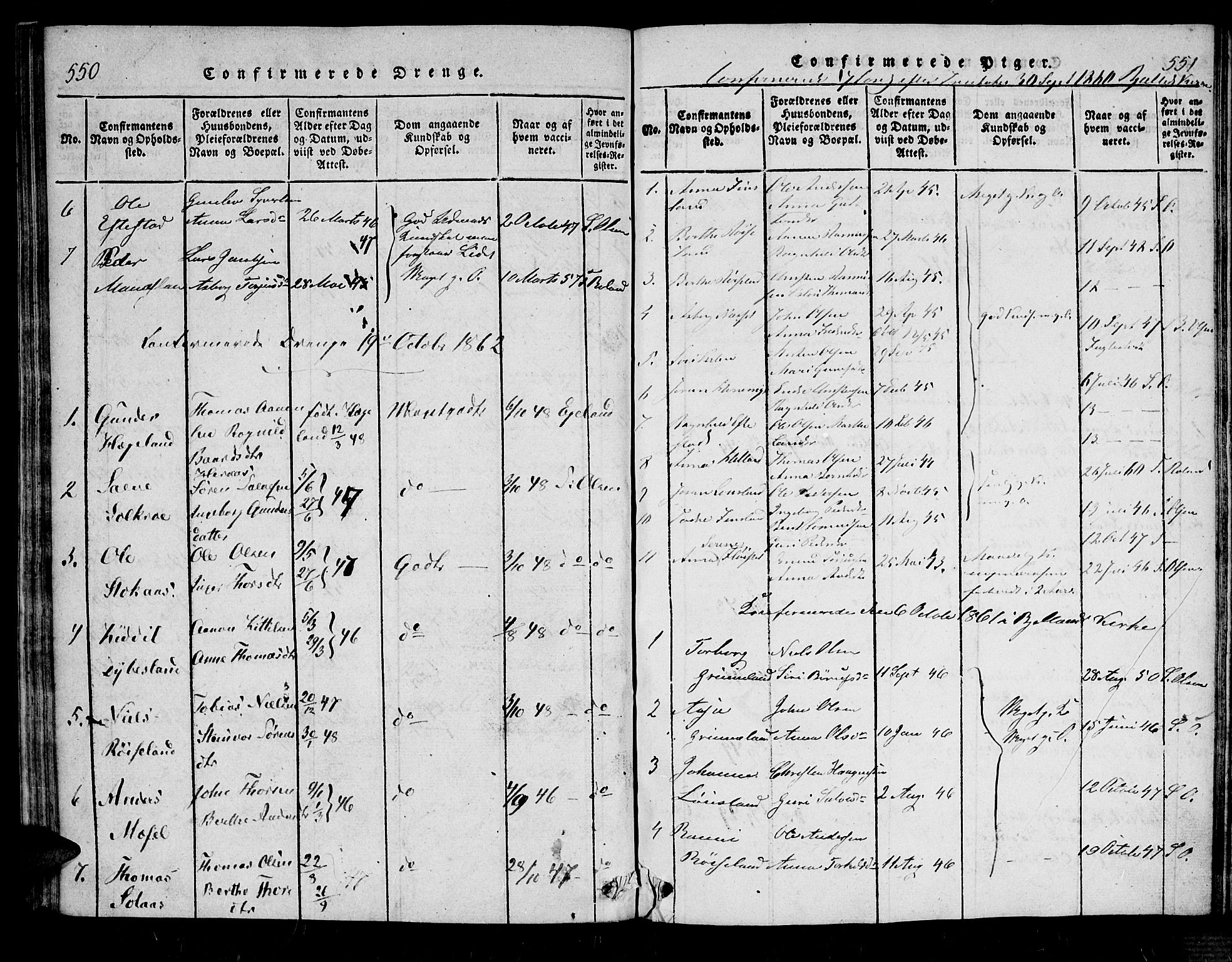 Bjelland sokneprestkontor, SAK/1111-0005/F/Fa/Fab/L0002: Parish register (official) no. A 2, 1816-1869, p. 550-551