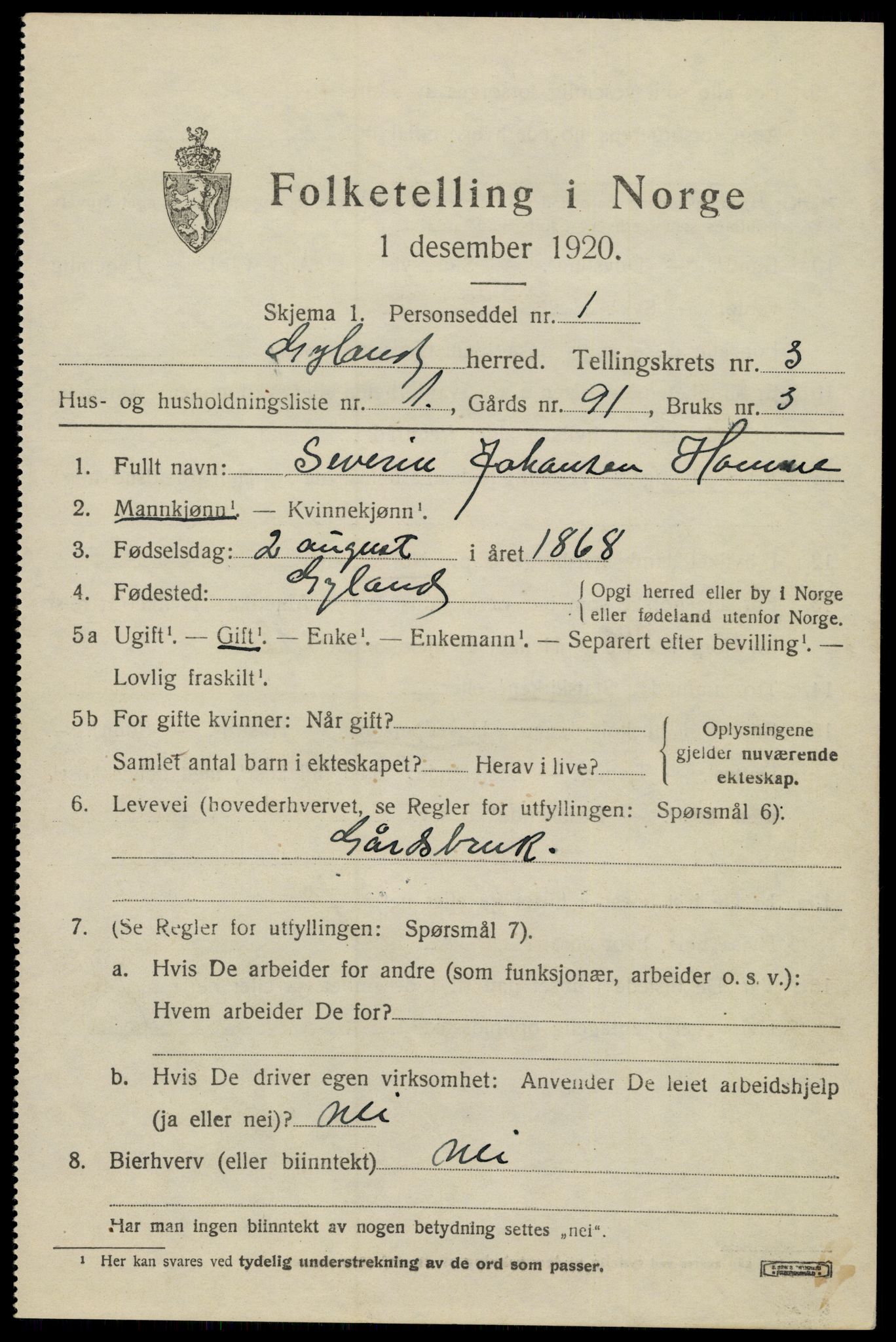 SAK, 1920 census for Gyland, 1920, p. 848