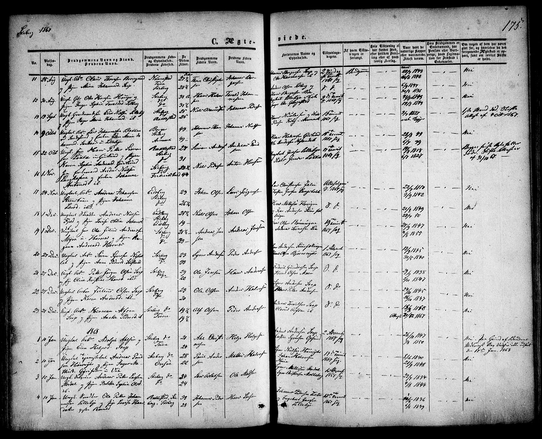 Skjeberg prestekontor Kirkebøker, SAO/A-10923/F/Fa/L0007: Parish register (official) no. I 7, 1859-1868, p. 175