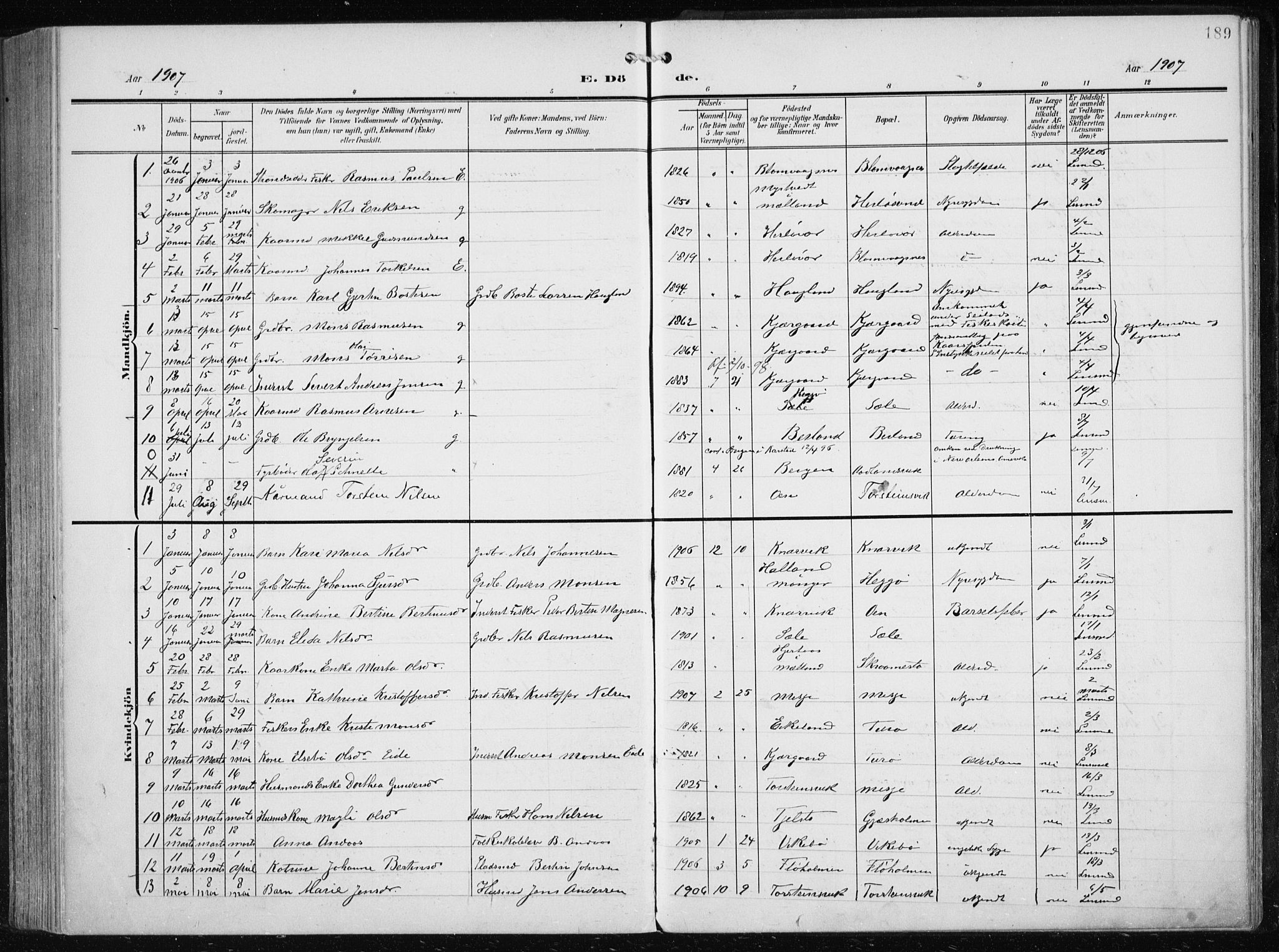 Herdla Sokneprestembete, AV/SAB-A-75701/H/Haa: Parish register (official) no. A 5, 1905-1918, p. 189