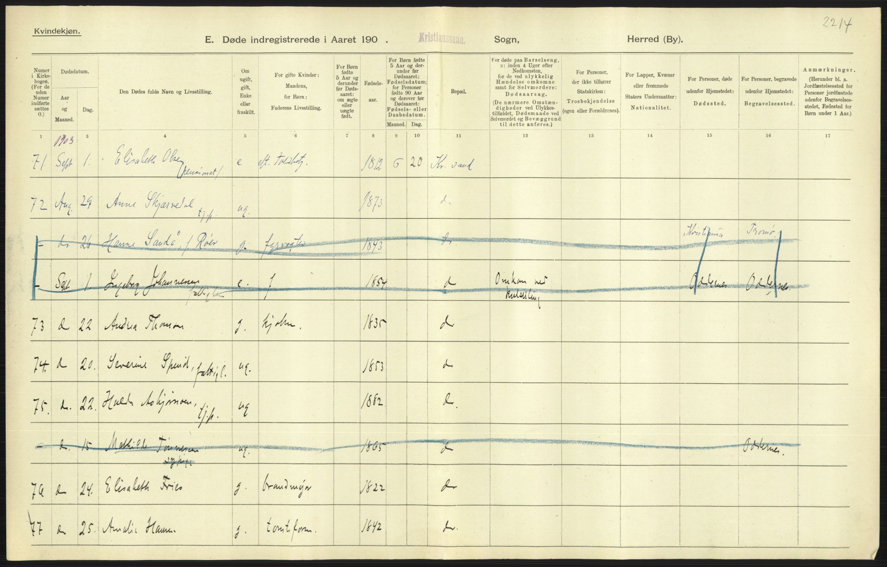 Statistisk sentralbyrå, Sosiodemografiske emner, Befolkning, AV/RA-S-2228/D/Df/Dfa/Dfaa/L0011: Lister og Mandal amt: Fødte, gifte, døde, 1903, p. 537