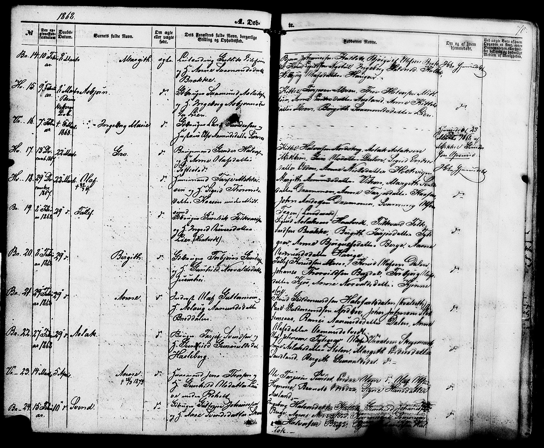Kviteseid kirkebøker, SAKO/A-276/F/Fa/L0007: Parish register (official) no. I 7, 1859-1881, p. 70