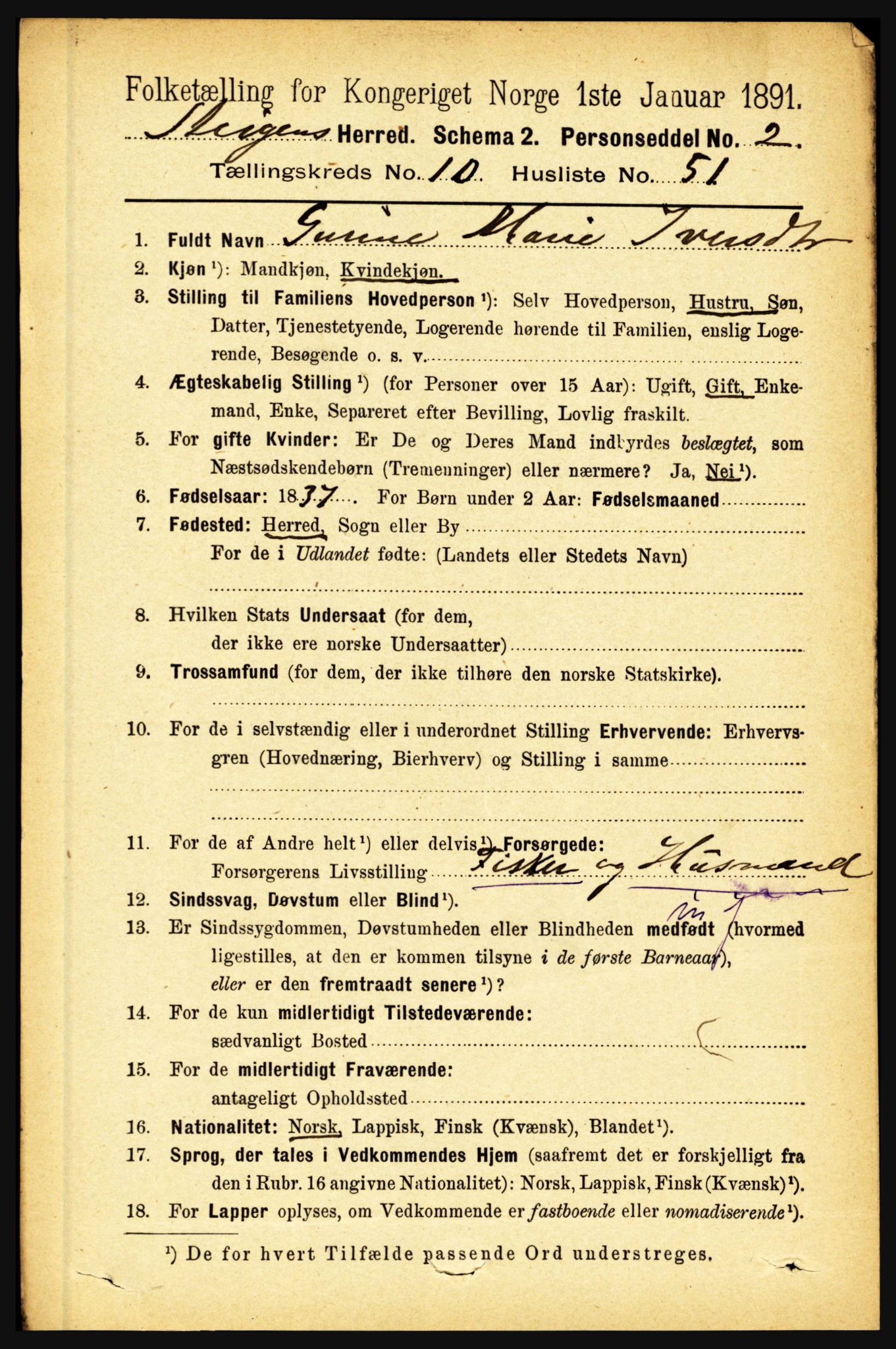 RA, 1891 census for 1848 Steigen, 1891, p. 3727