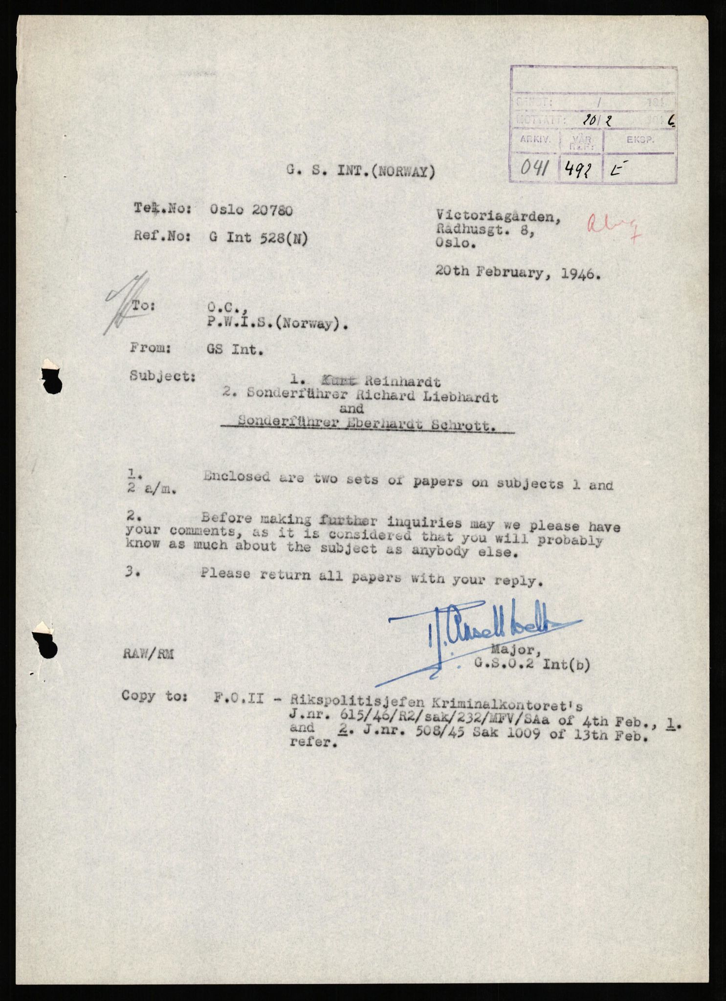 Forsvaret, Forsvarets overkommando II, AV/RA-RAFA-3915/D/Db/L0027: CI Questionaires. Tyske okkupasjonsstyrker i Norge. Tyskere., 1945-1946, p. 181