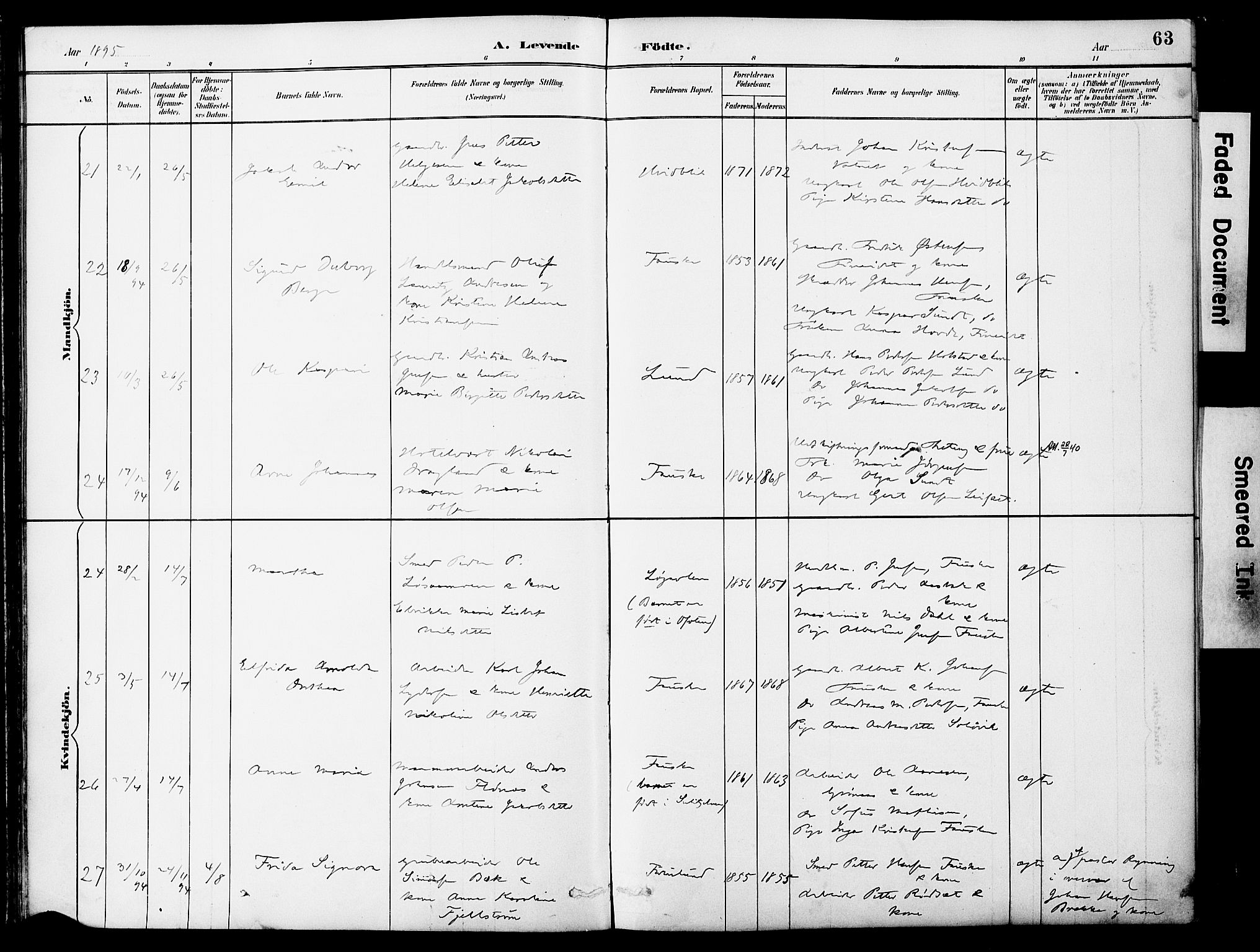 Ministerialprotokoller, klokkerbøker og fødselsregistre - Nordland, SAT/A-1459/849/L0690: Parish register (official) no. 849A02, 1890-1897, p. 63