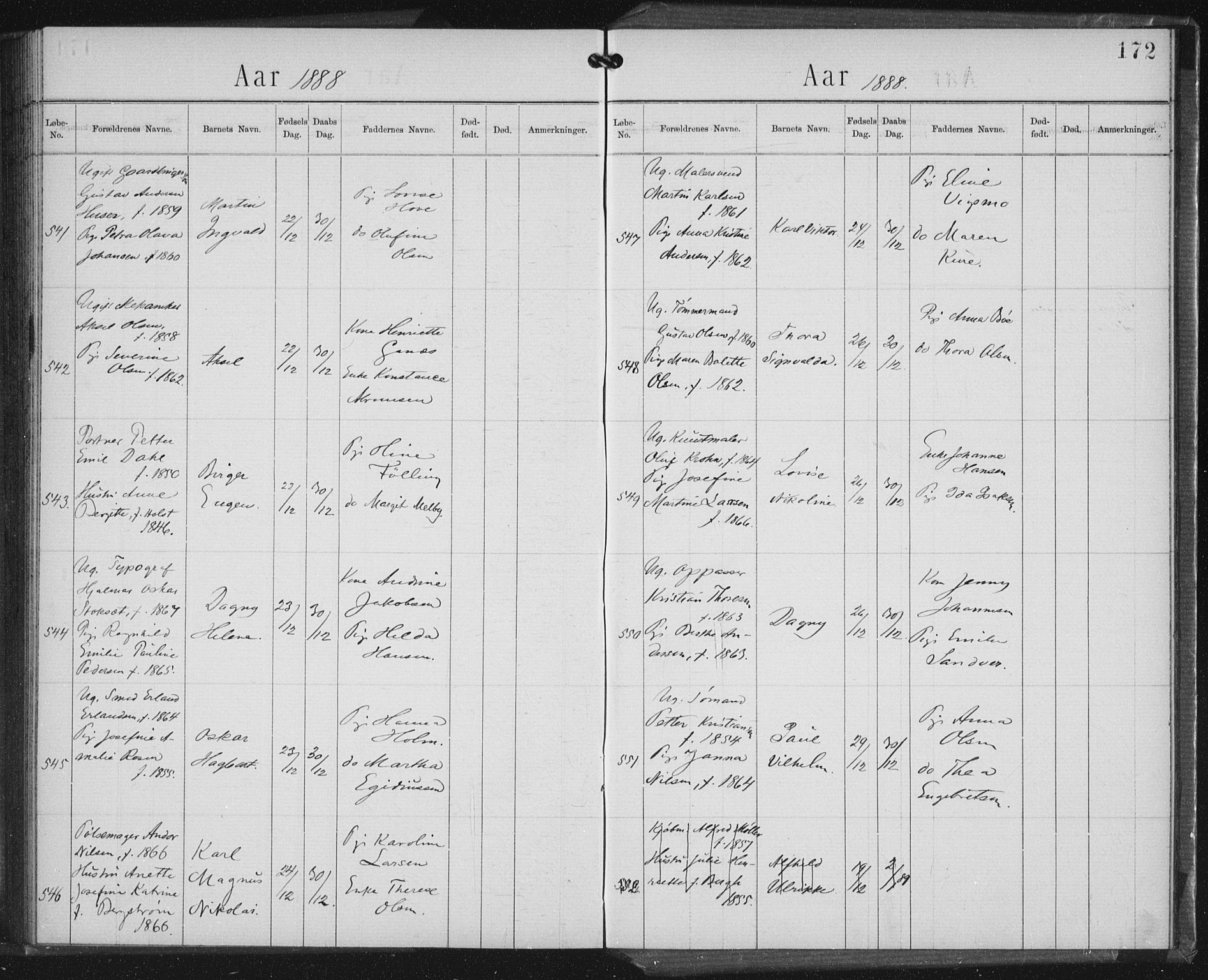 Rikshospitalet prestekontor Kirkebøker, AV/SAO-A-10309b/K/L0003/0002: Baptism register no. 3.2, 1884-1889, p. 172