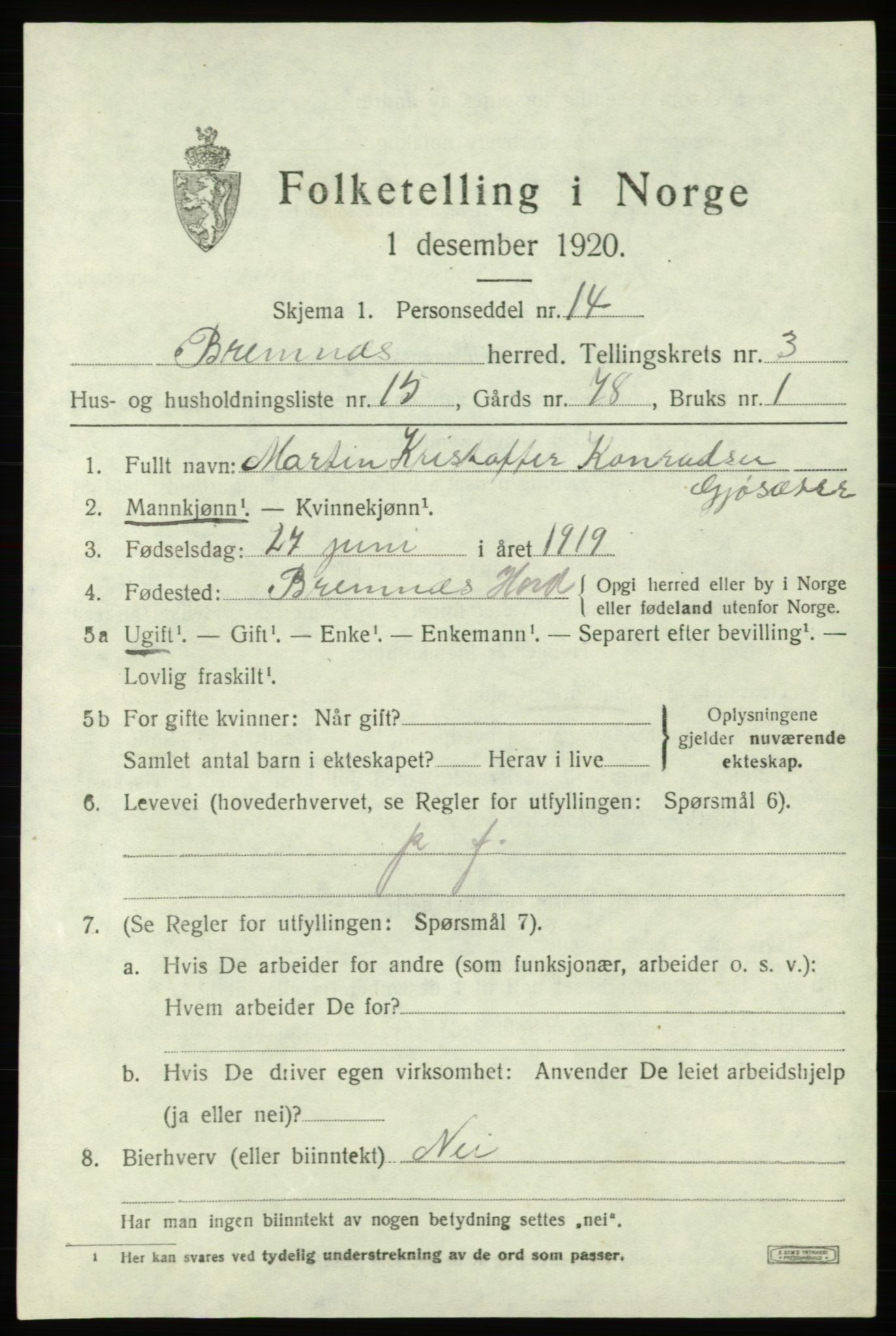SAB, 1920 census for Bremnes, 1920, p. 1766