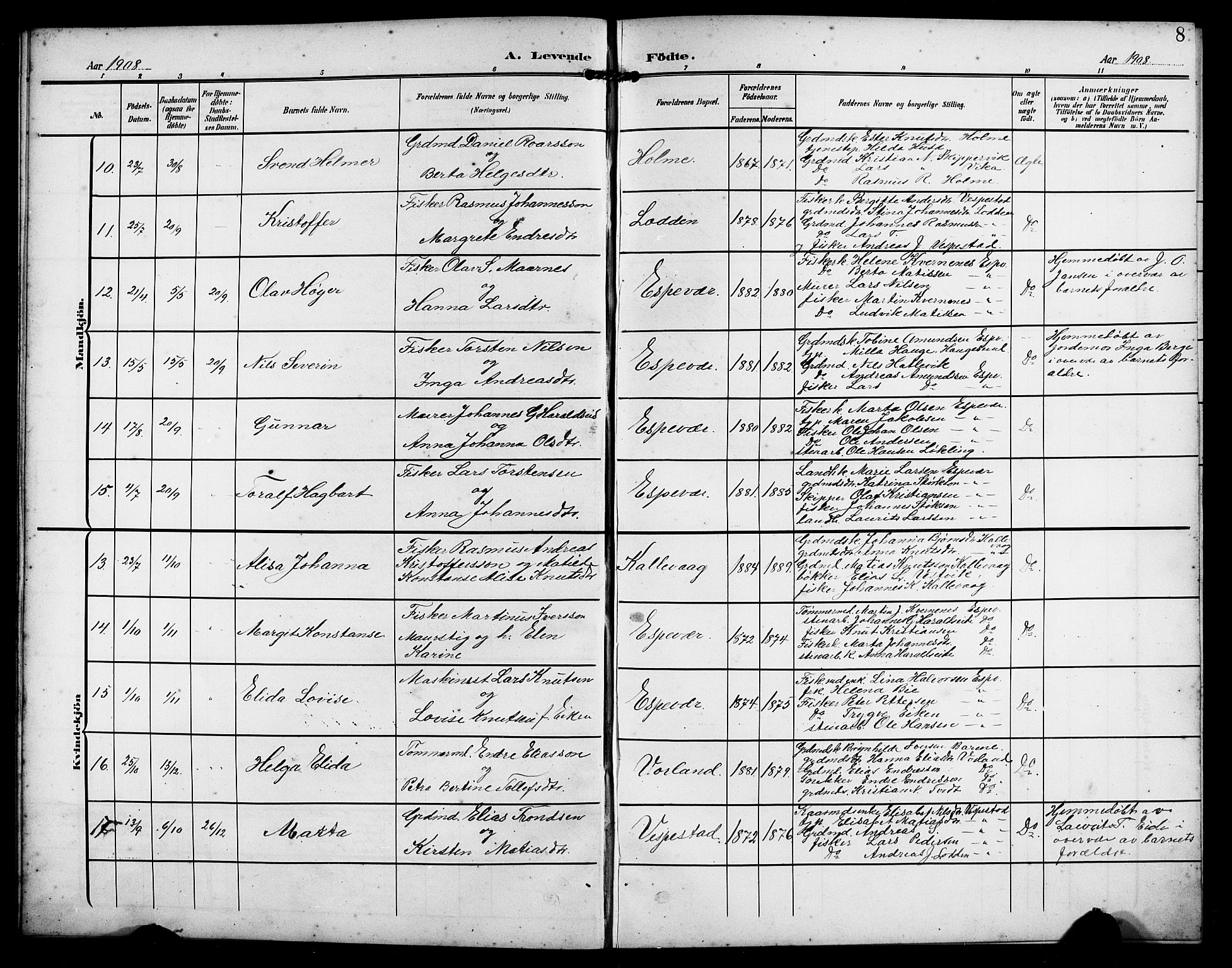 Finnås sokneprestembete, AV/SAB-A-99925/H/Ha/Hab/Habc/L0003: Parish register (copy) no. C 3, 1907-1917, p. 8