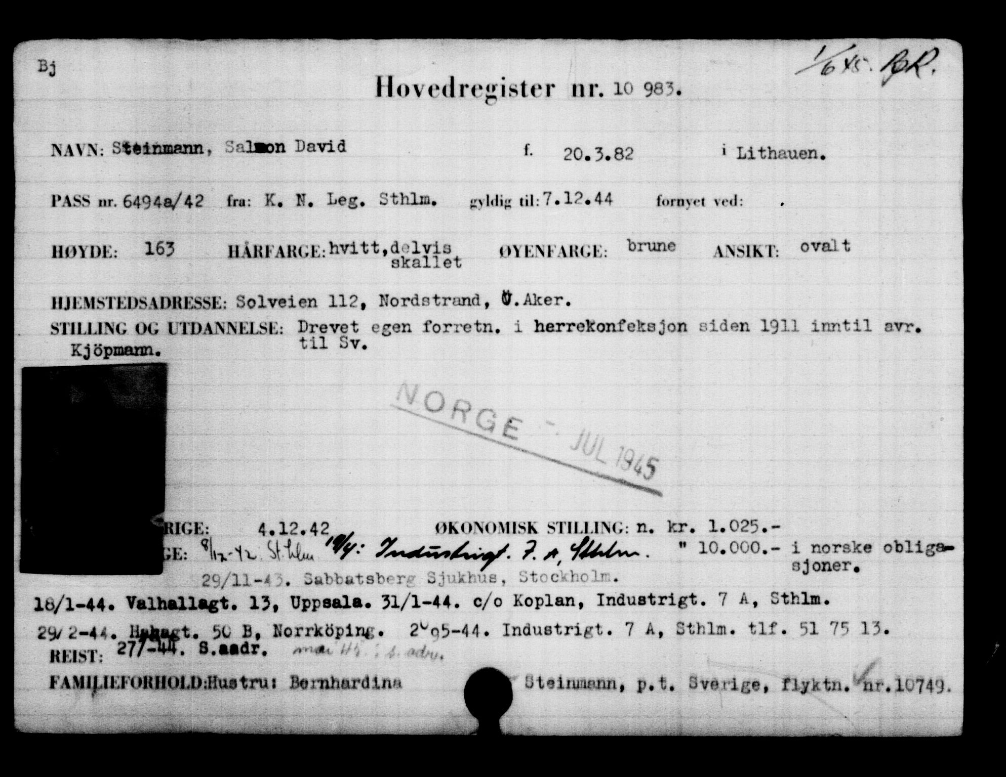 Utenriksstasjonene, Legasjonen i Stockholm, Flyktningkontoret, AV/RA-S-6753/V/Va/L0006: Kjesäterkartoteket, flyktninger med registreringsnr. 9400-12711, 1940-1945, p. 1805