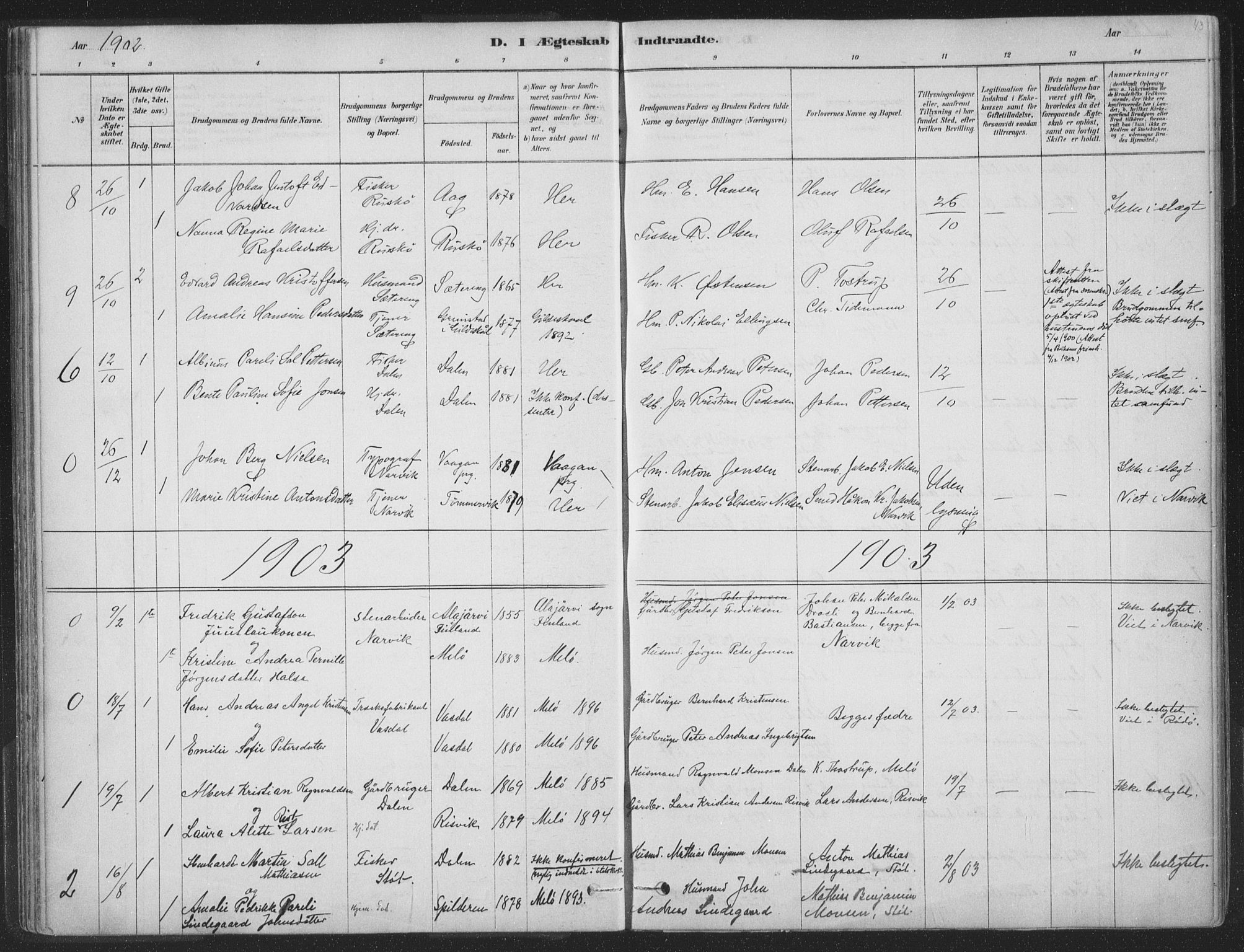Ministerialprotokoller, klokkerbøker og fødselsregistre - Nordland, SAT/A-1459/843/L0627: Parish register (official) no. 843A02, 1878-1908, p. 43