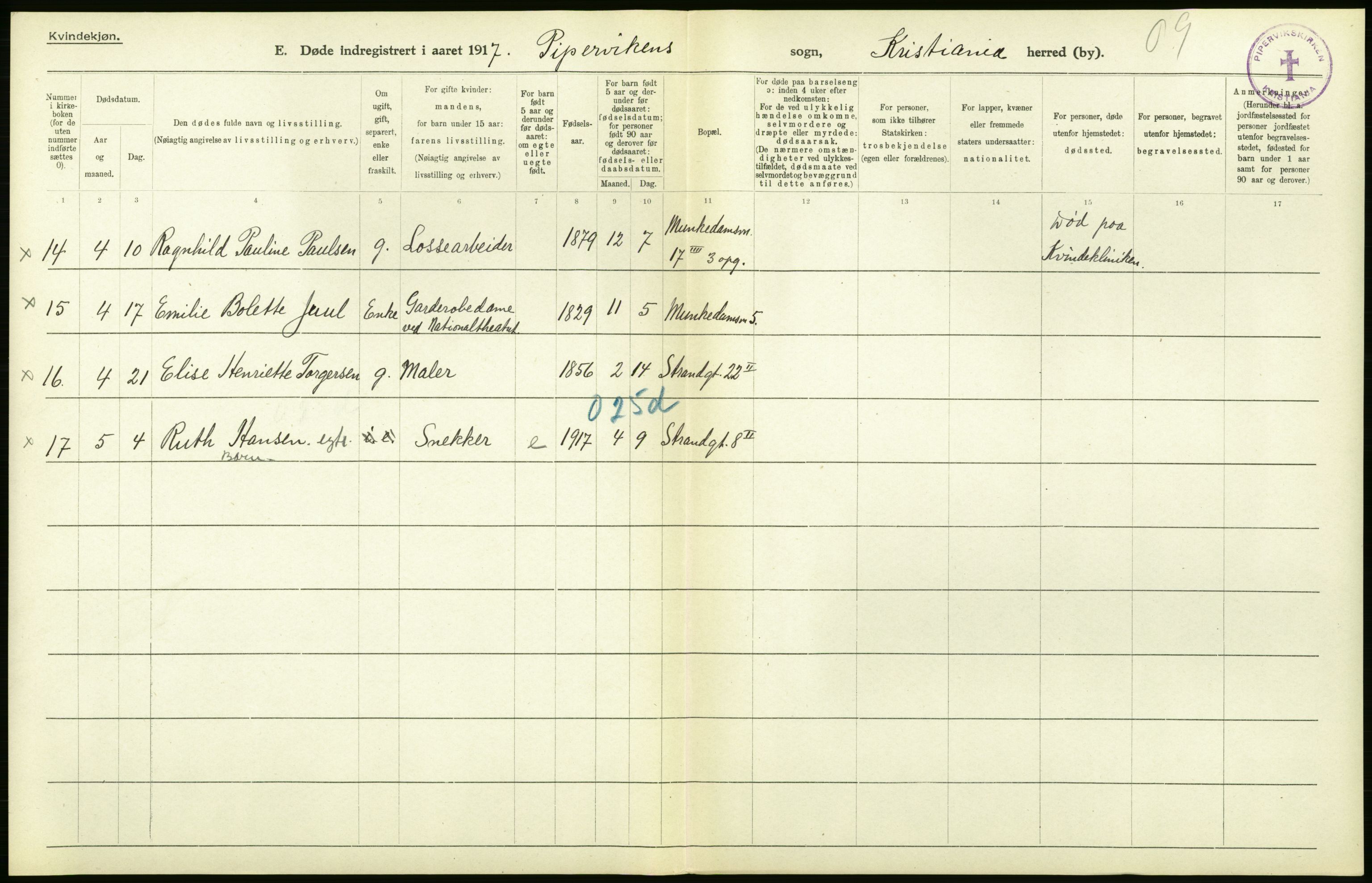 Statistisk sentralbyrå, Sosiodemografiske emner, Befolkning, AV/RA-S-2228/D/Df/Dfb/Dfbg/L0011: Kristiania: Døde, dødfødte., 1917, p. 46