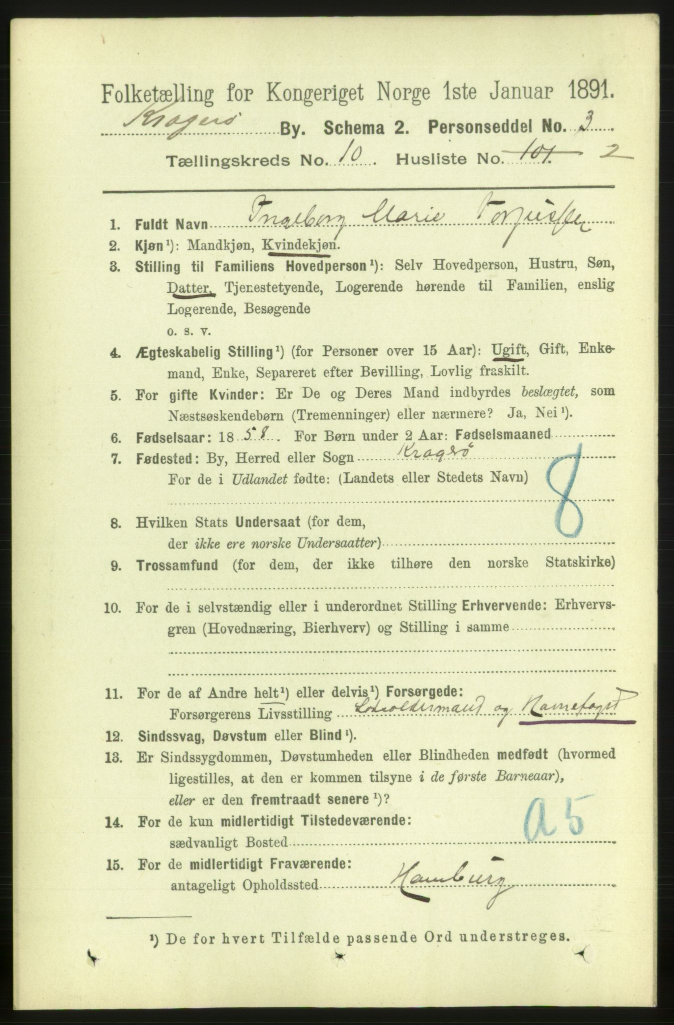 RA, 1891 census for 0801 Kragerø, 1891, p. 3766