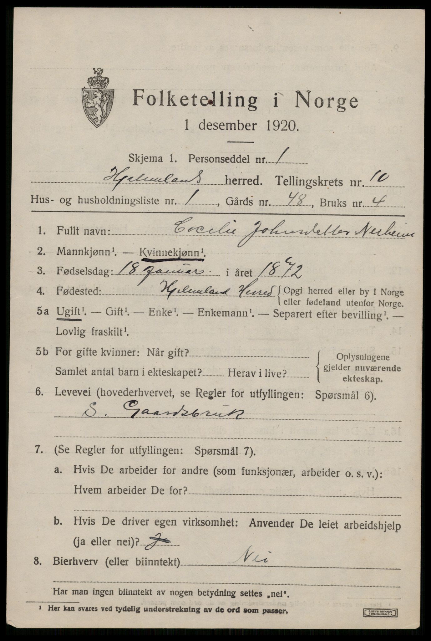 SAST, 1920 census for Hjelmeland, 1920, p. 3121