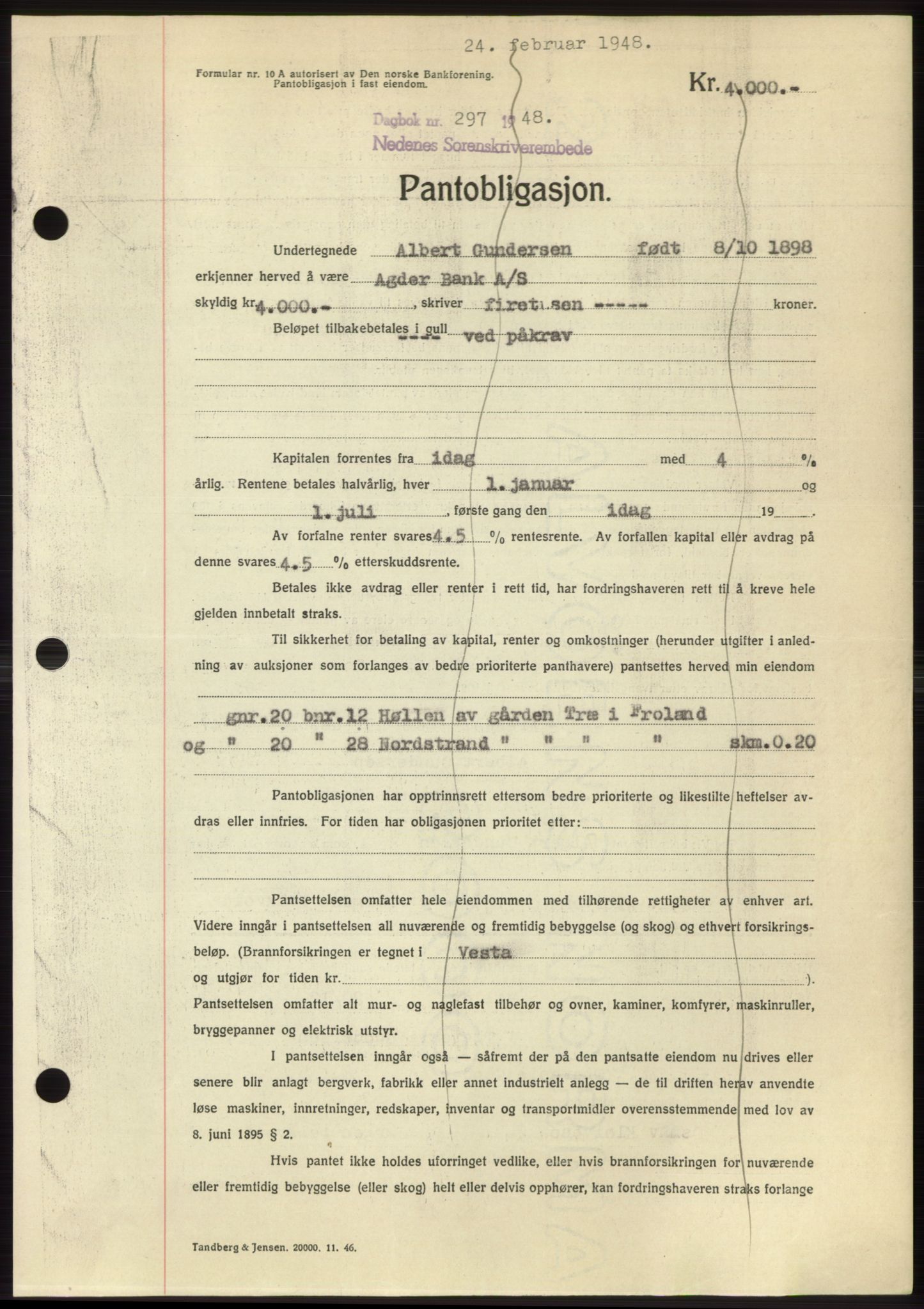 Nedenes sorenskriveri, AV/SAK-1221-0006/G/Gb/Gbb/L0005: Mortgage book no. B5, 1948-1948, Diary no: : 297/1948