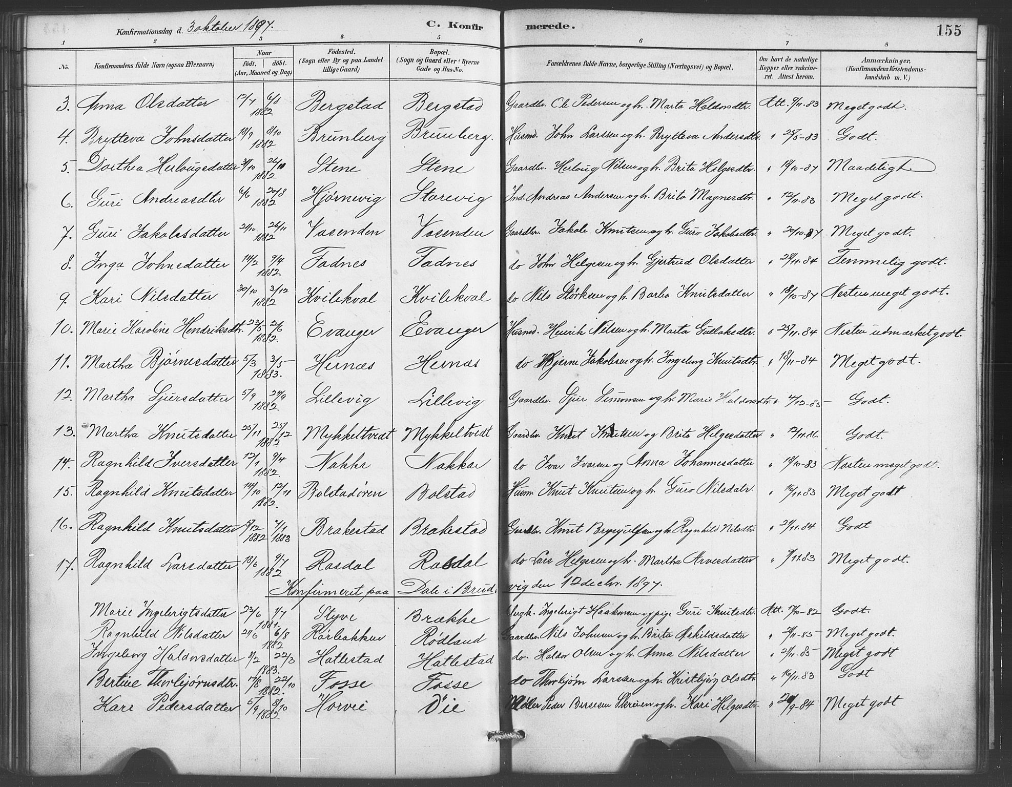Evanger sokneprestembete, SAB/A-99924: Parish register (copy) no. A 4, 1887-1897, p. 155