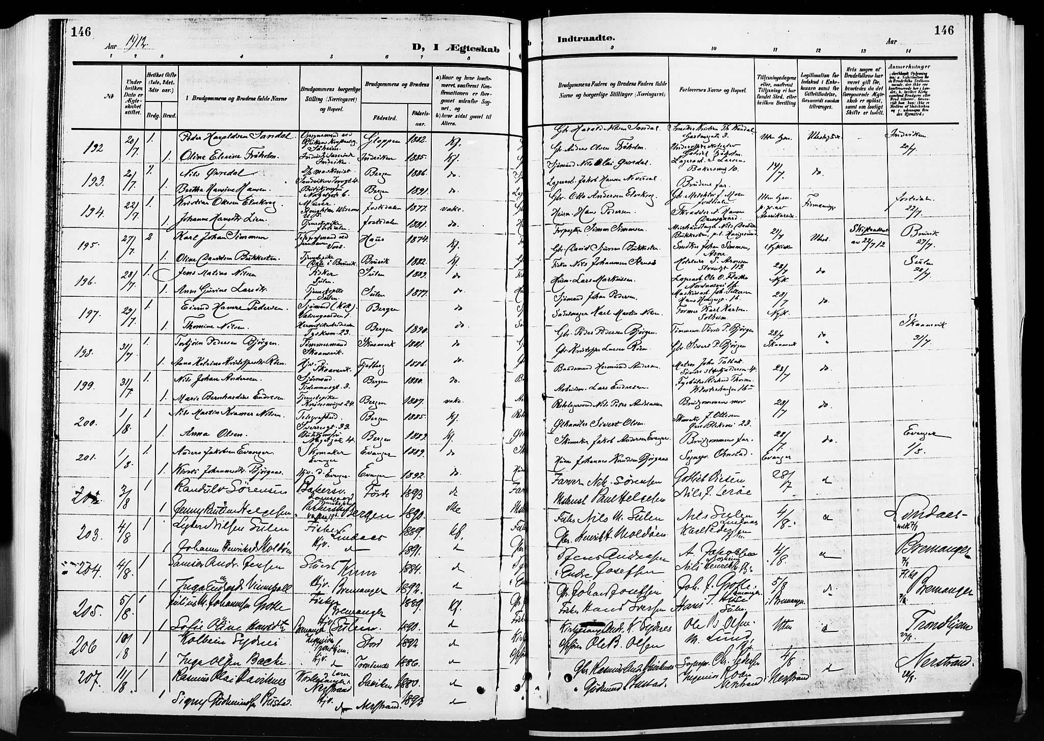 Nykirken Sokneprestembete, SAB/A-77101/H/Hab: Parish register (copy) no. D 3, 1905-1913, p. 146