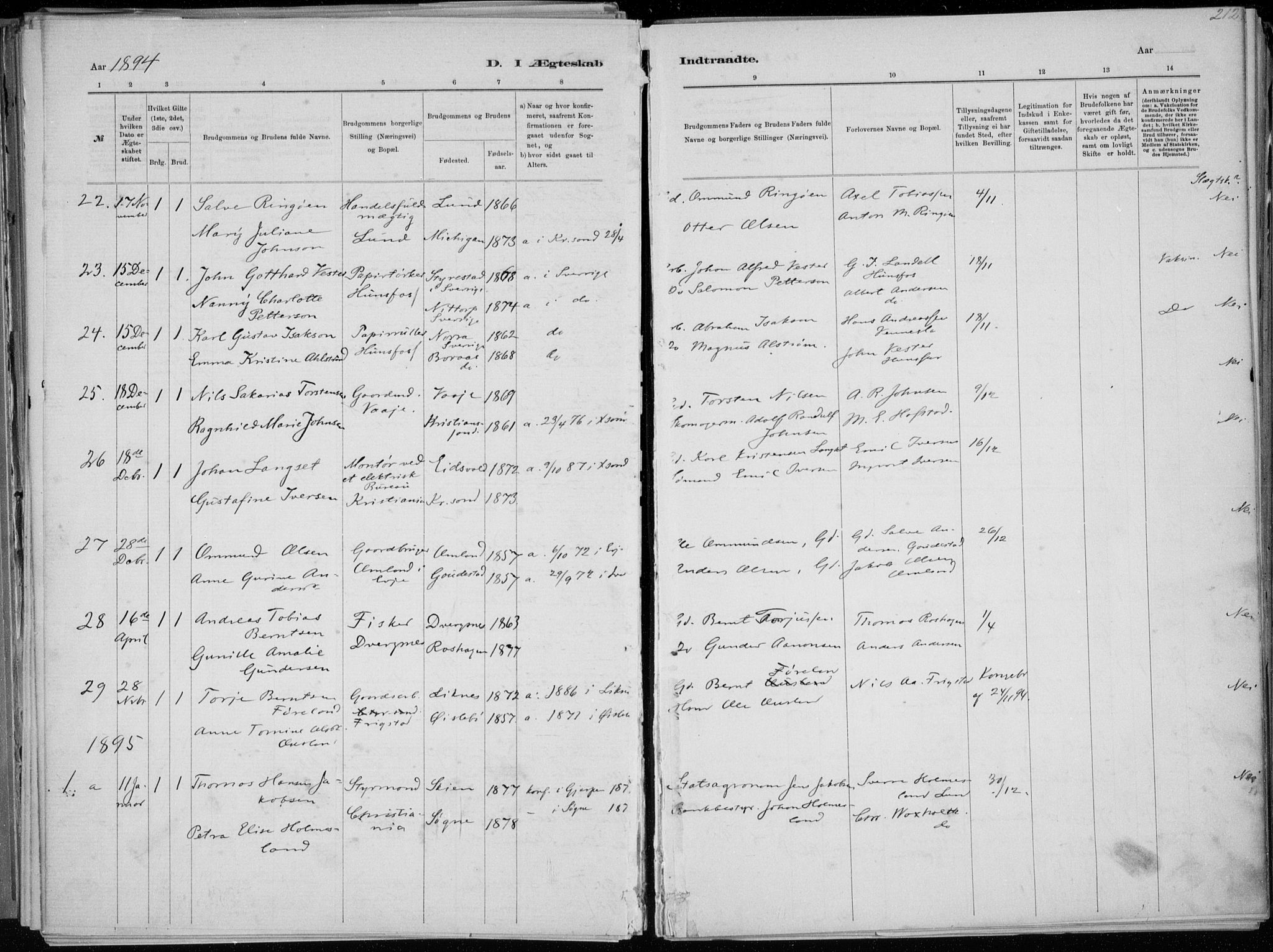 Oddernes sokneprestkontor, AV/SAK-1111-0033/F/Fa/Faa/L0009: Parish register (official) no. A 9, 1884-1896, p. 212