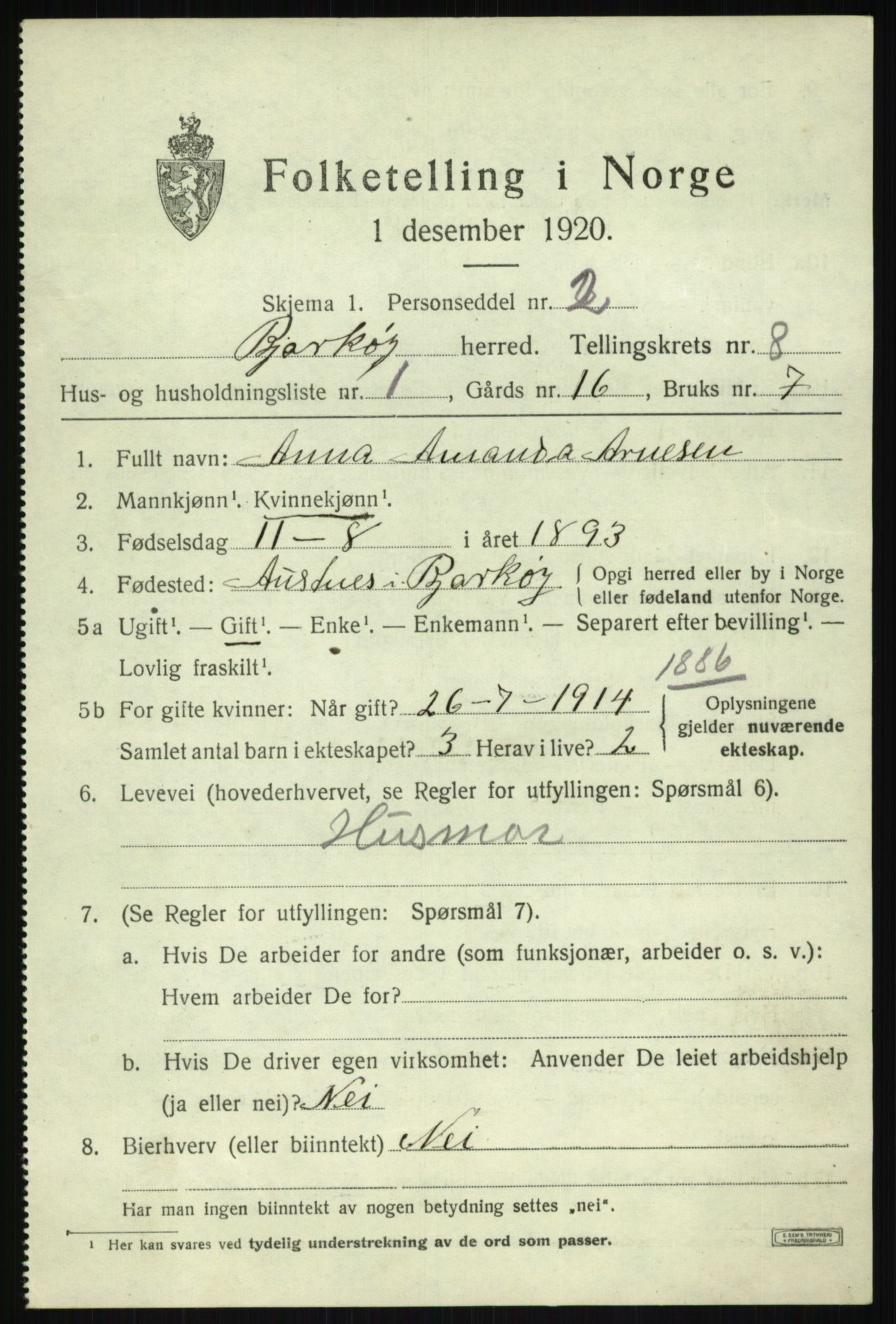 SATØ, 1920 census for Bjarkøy, 1920, p. 3453